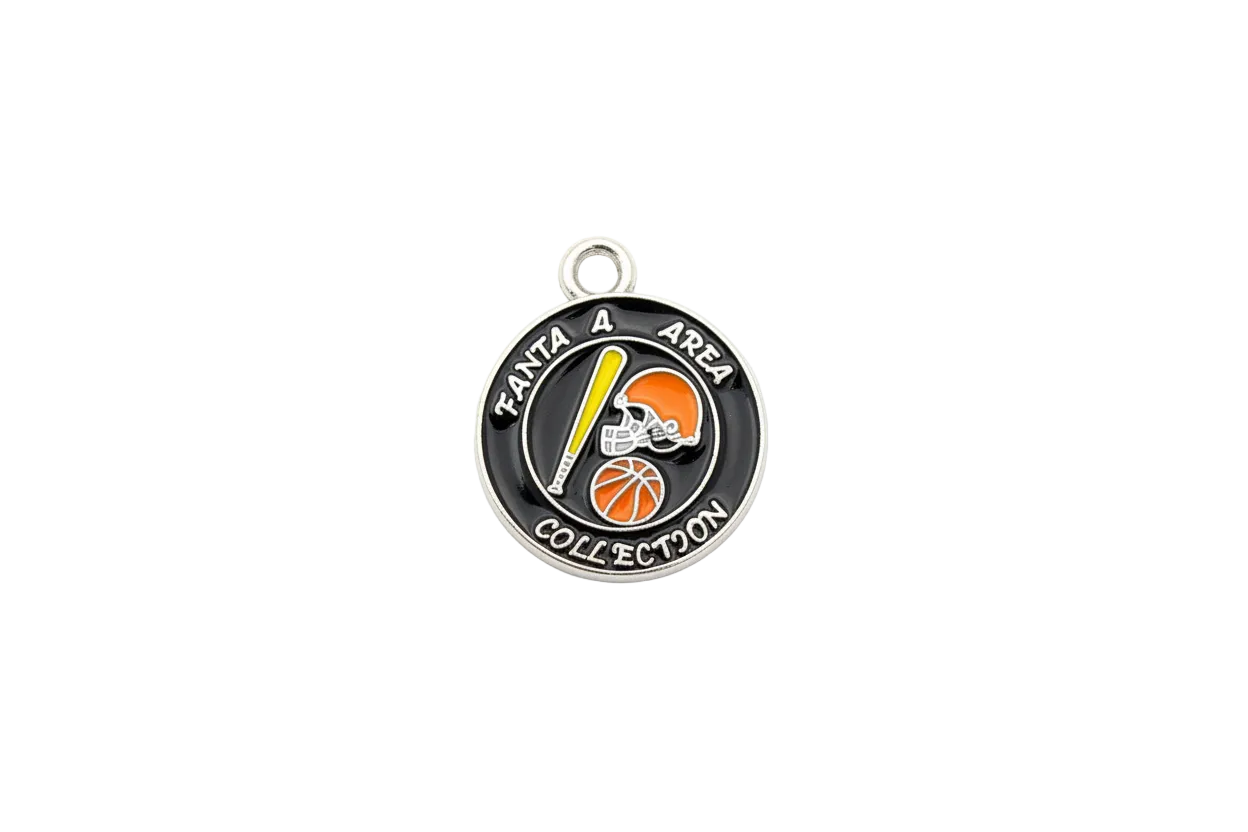 Black enamel sports medallion with silver text, helmet, basketball, and bat