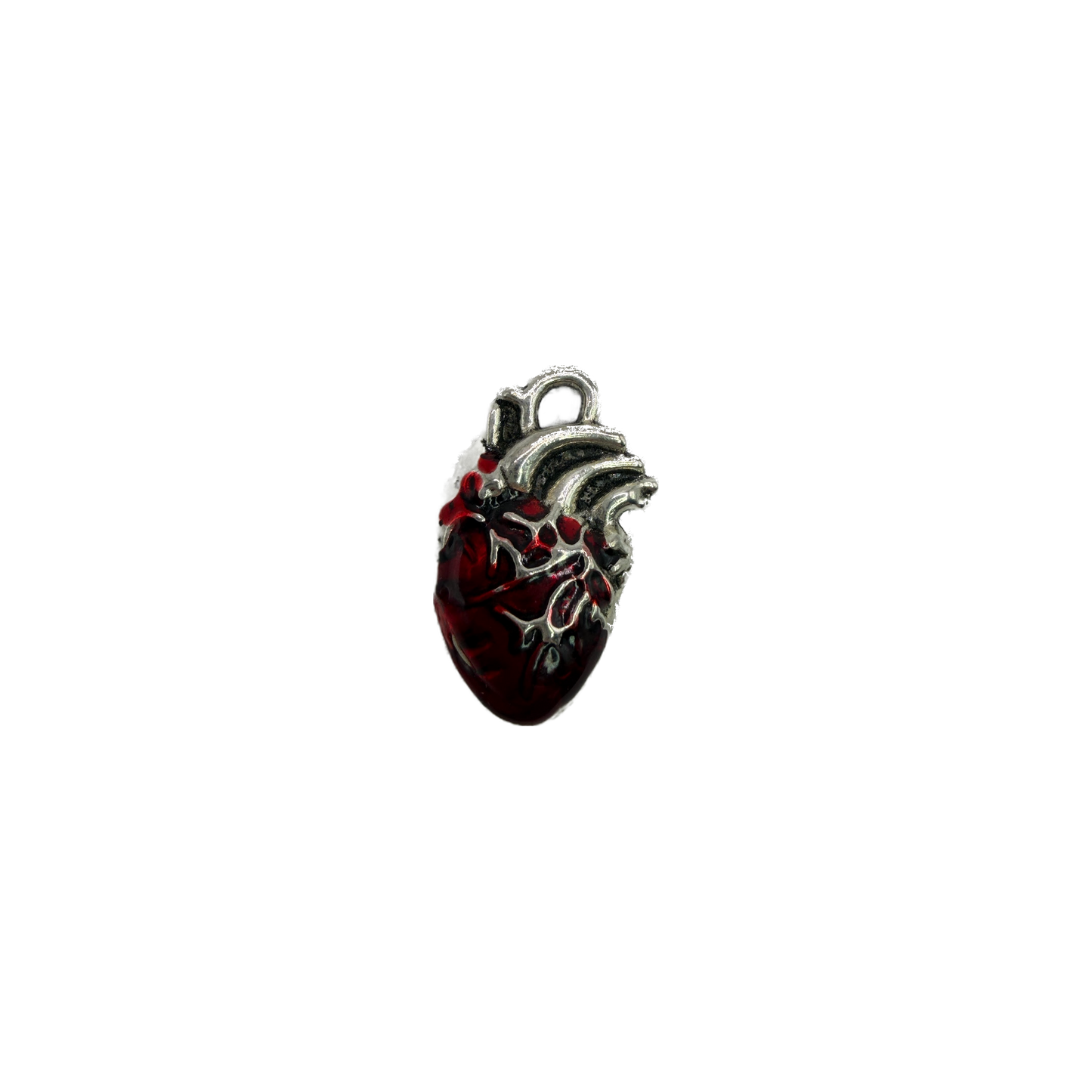 Dark red anatomical heart with silver-toned detailing