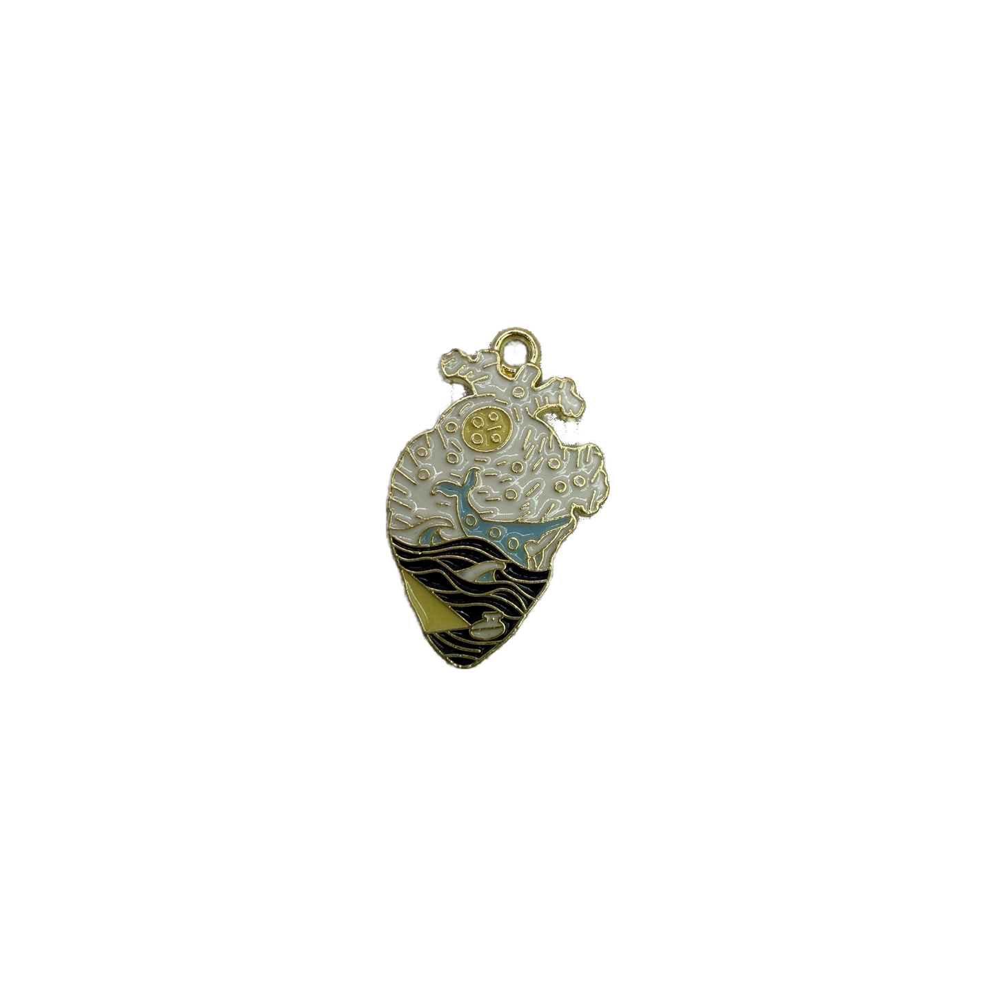 Anatomical heart with blue whale and black waves in gold outline
