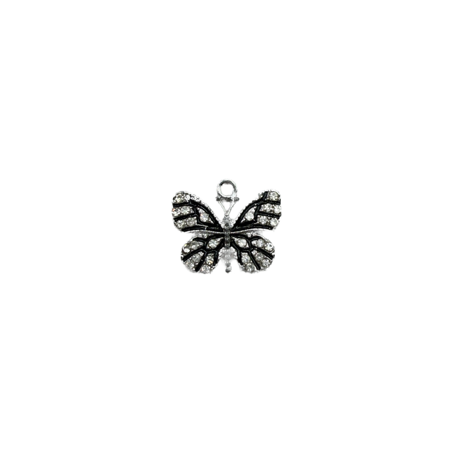 Silver butterfly with clear crystals and black enamel details