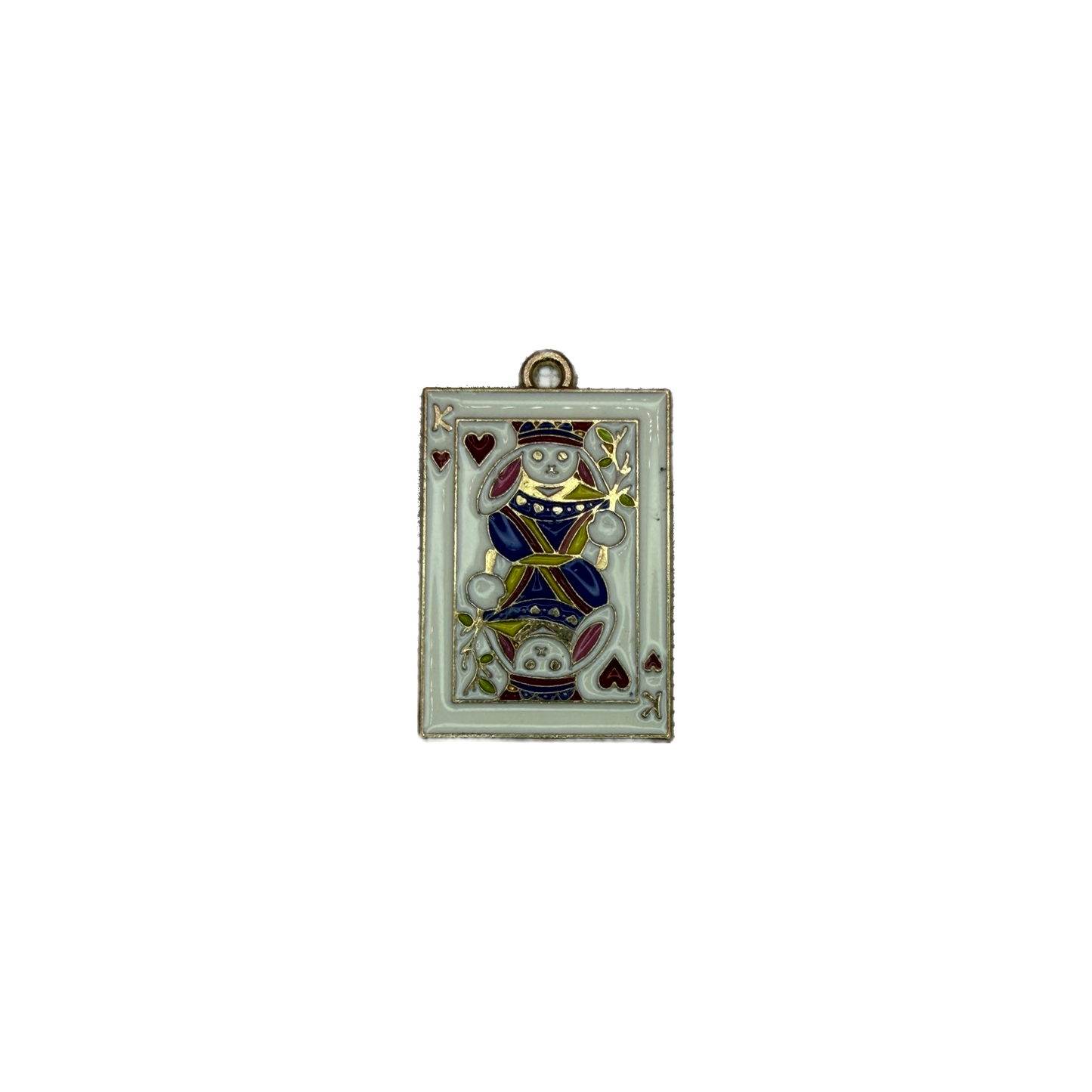 White enamel rabbit playing card with red hearts and gold edging