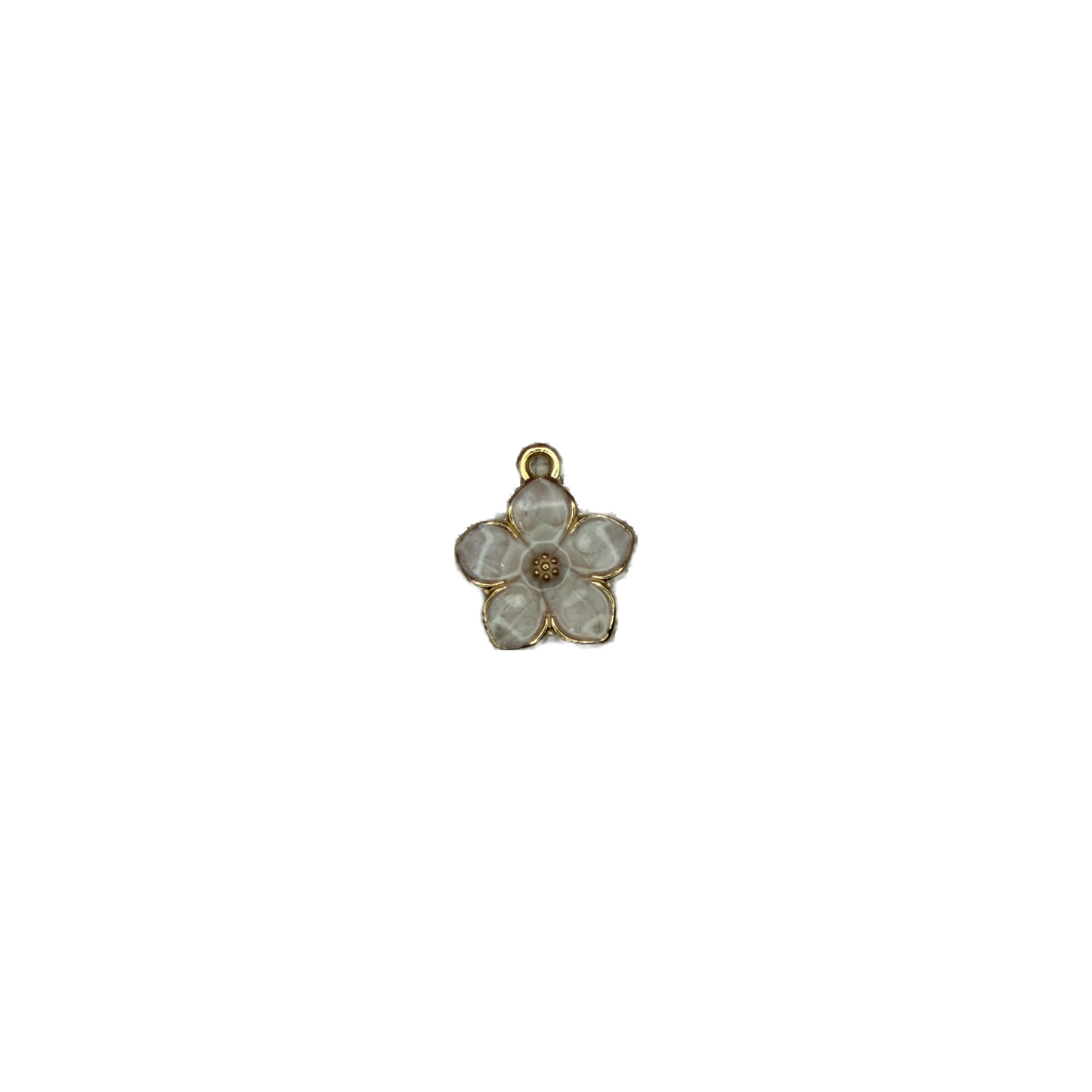 White five-petal flower charm with gold outline