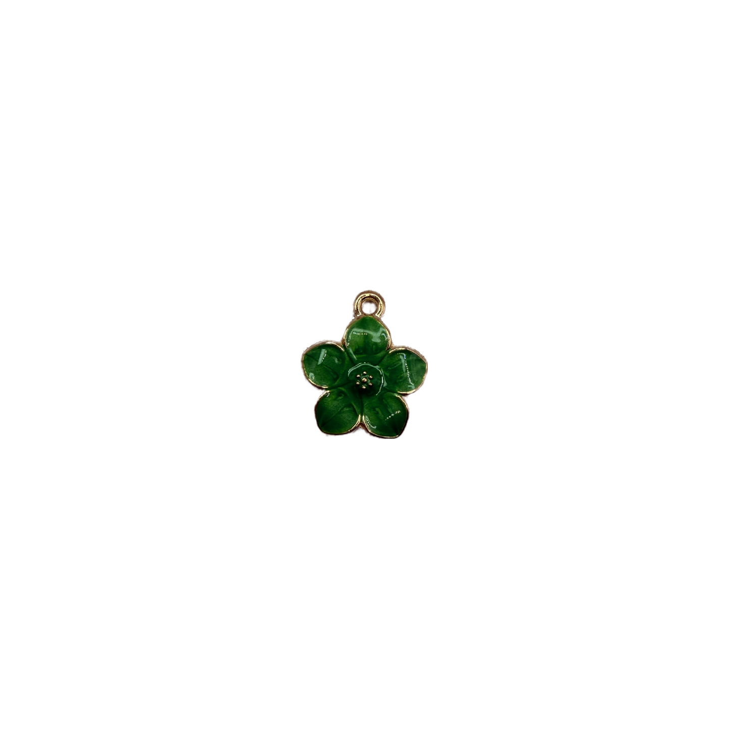 Green five-petal flower with gold edging and beaded center
