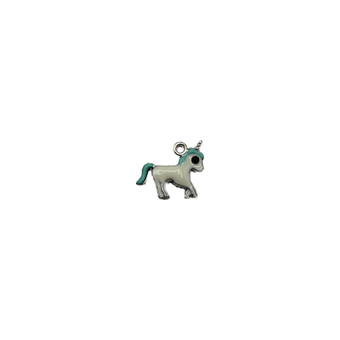 White unicorn with aqua mane and silver-tone outline