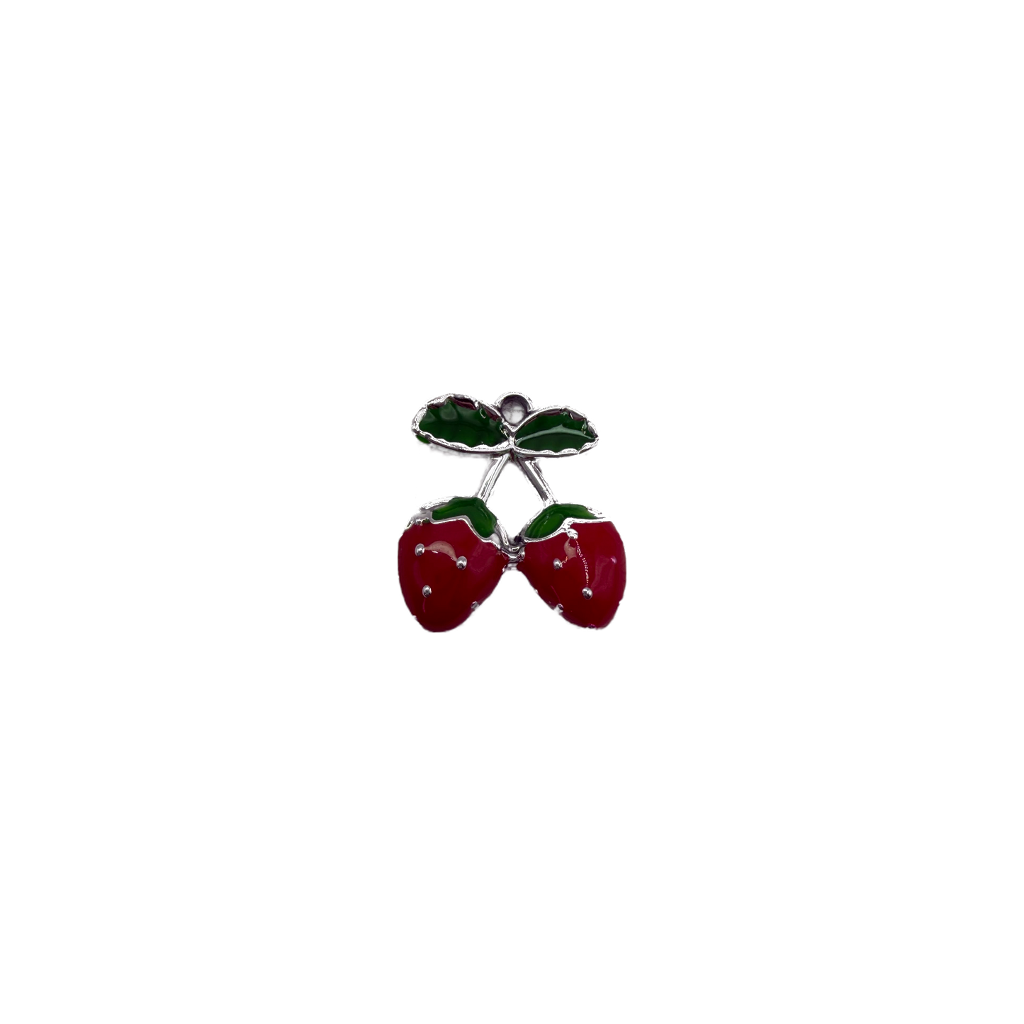 Red cherry pair with green leaves, silver finish