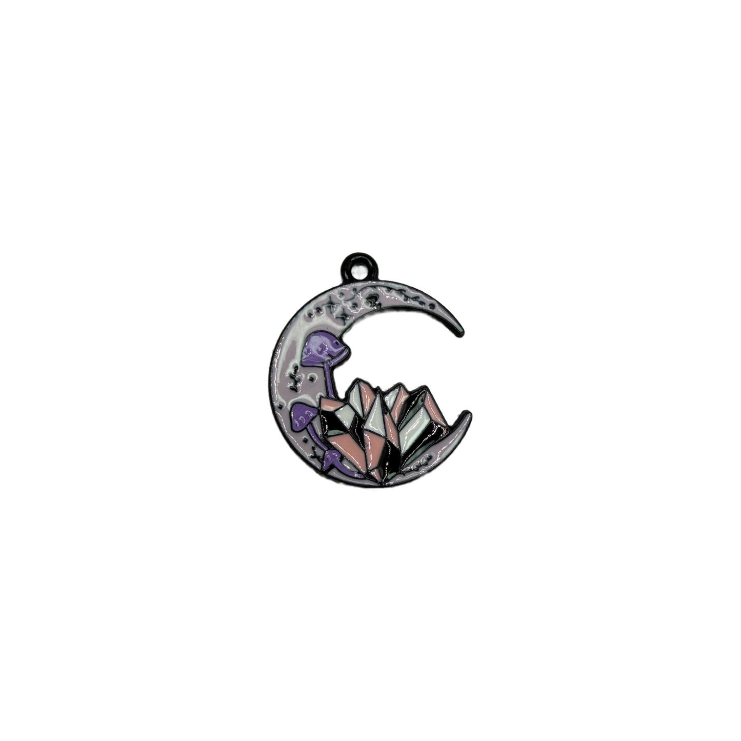 Lilac crescent moon with purple mushrooms and pastel crystal cluster