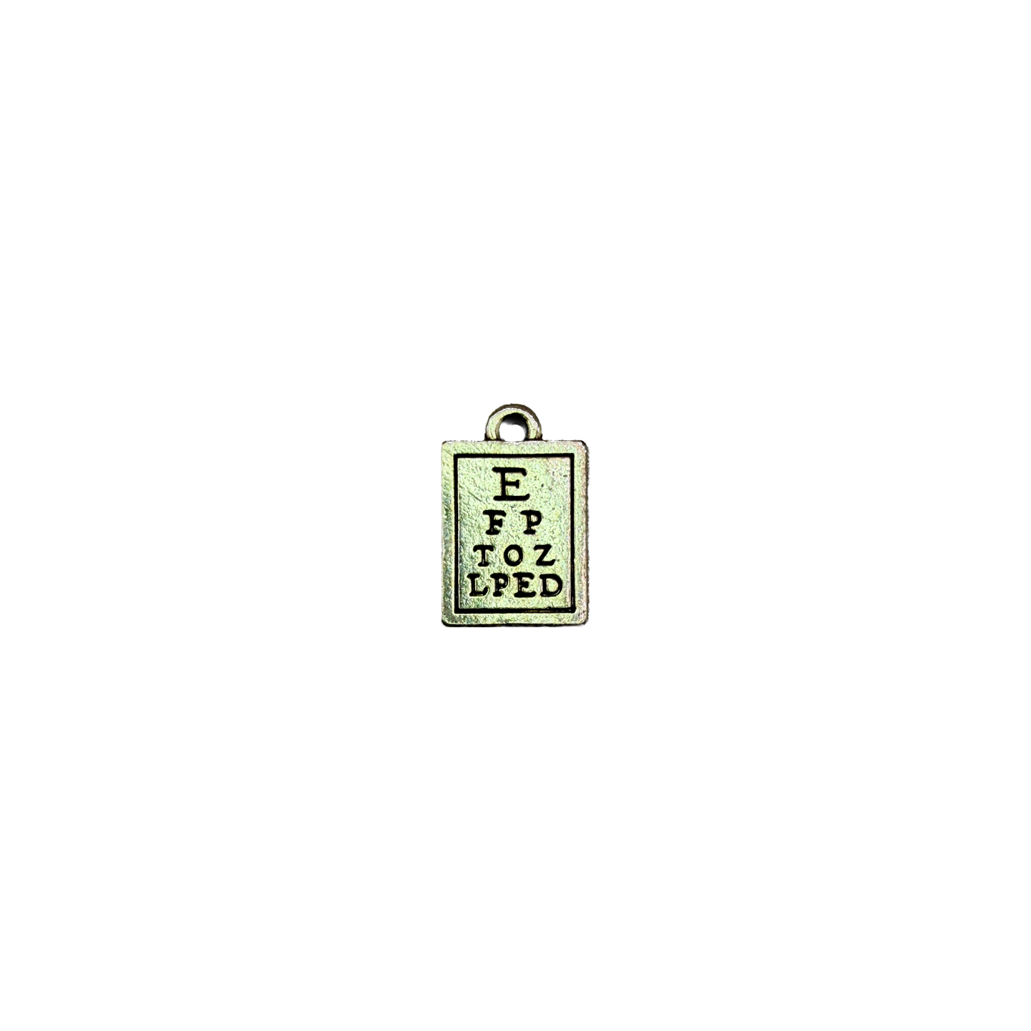 Antiqued silver eye chart tag with engraved letters