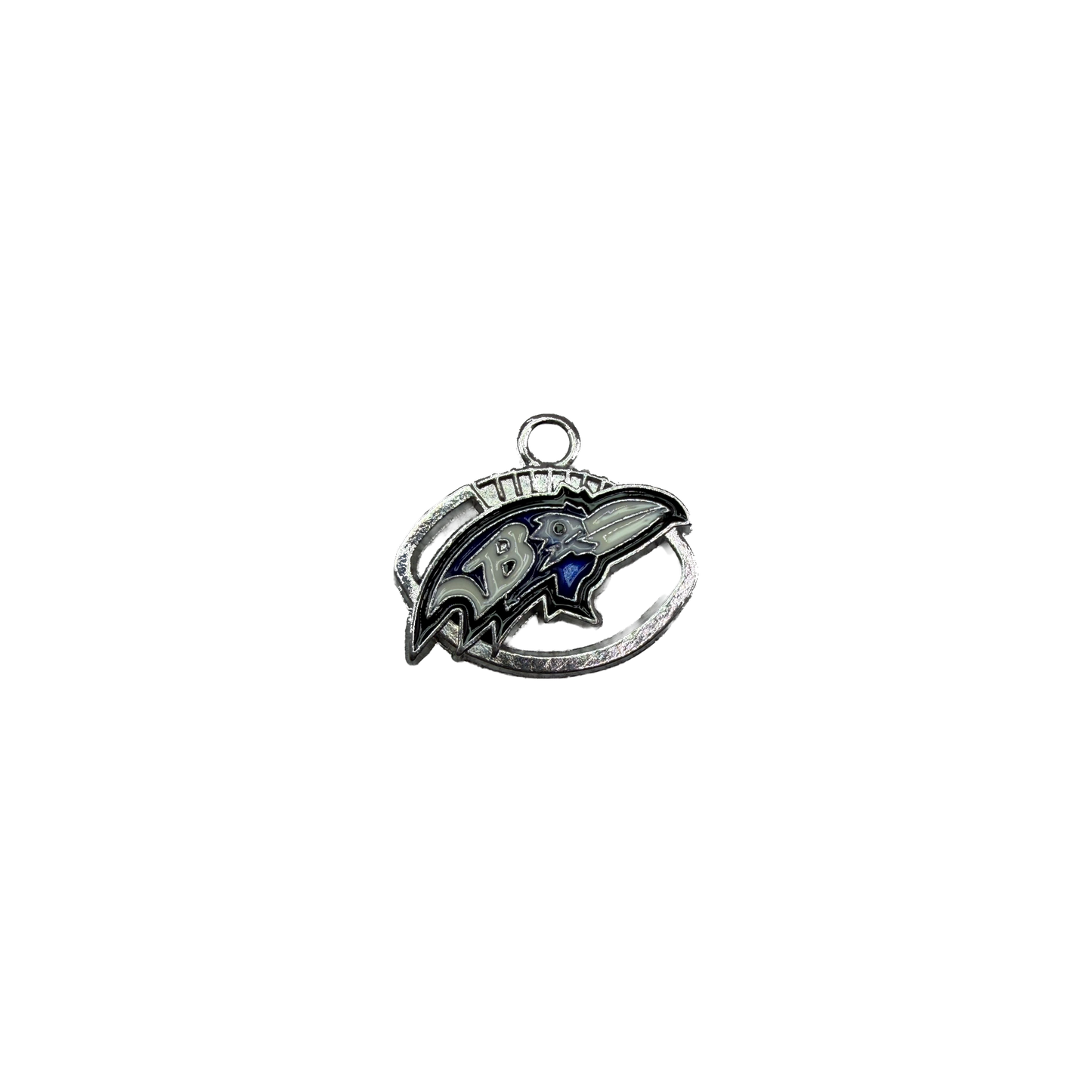 Silver enamel raven head emblem in navy and white