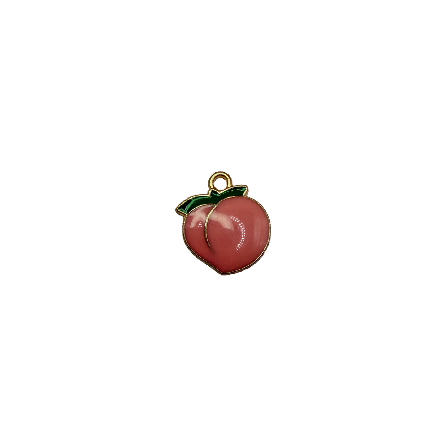 Pink peach with green leaves, gold outline