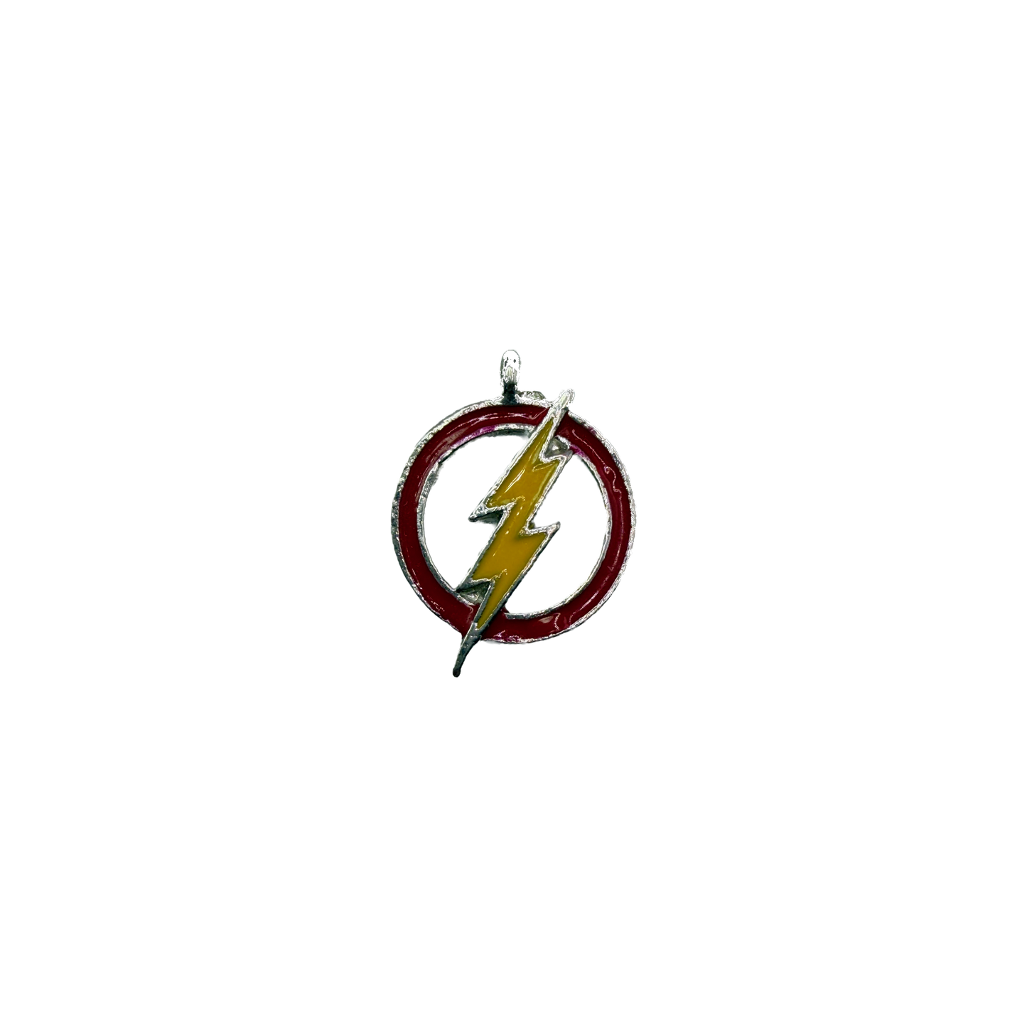 Yellow lightning bolt with red circle, silver-toned edges