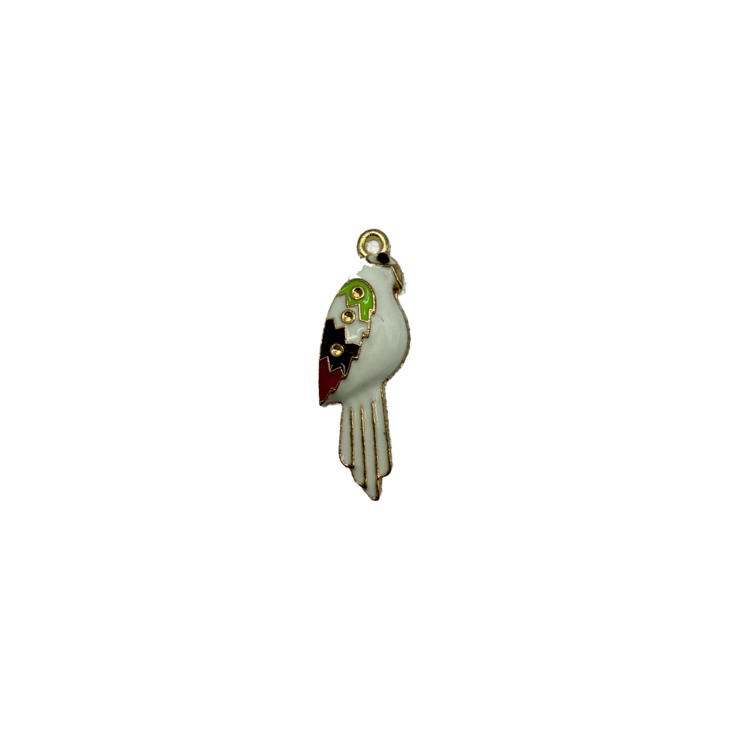 White enamel parrot with multicolor wing accents in gold outline