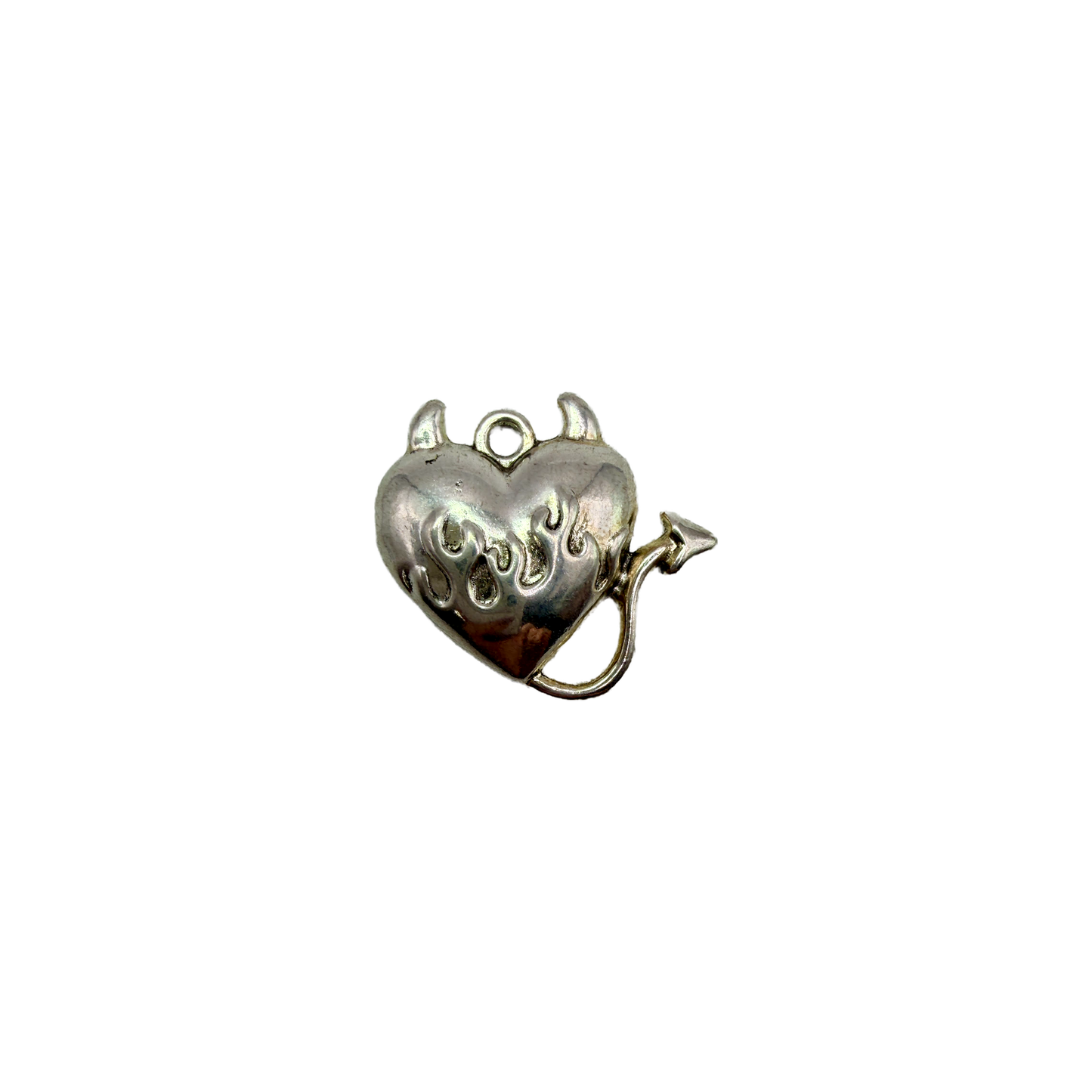 Silver devil heart with horns, flames, and arrow tail