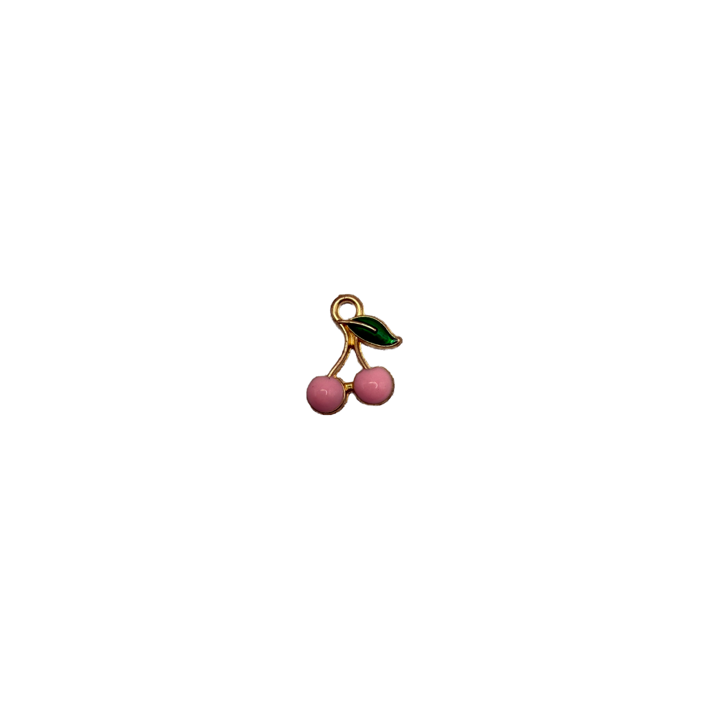 Pink cherry pair with green leaf in gold outline