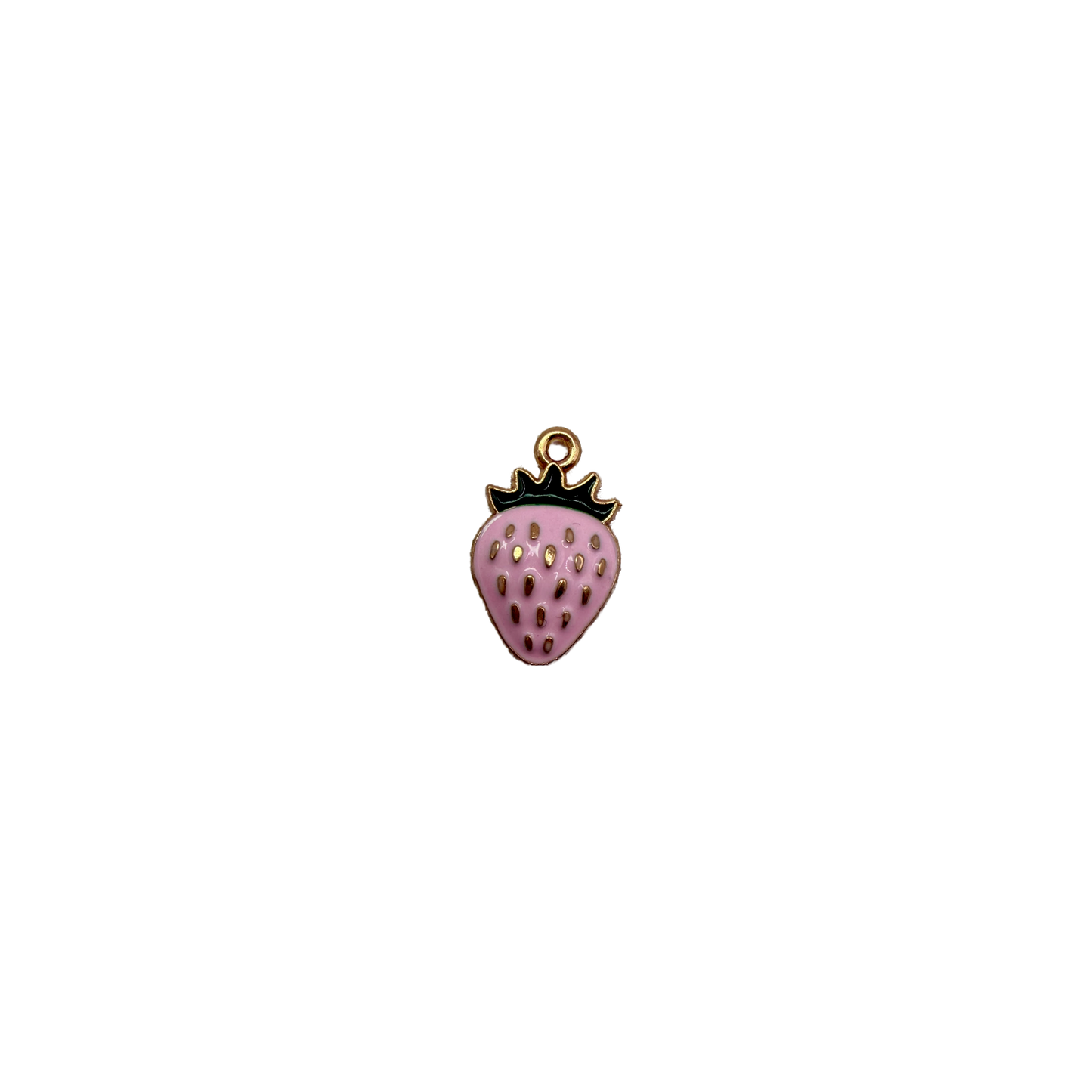 Pink strawberry with gold seed details and dark leaves in gold outline