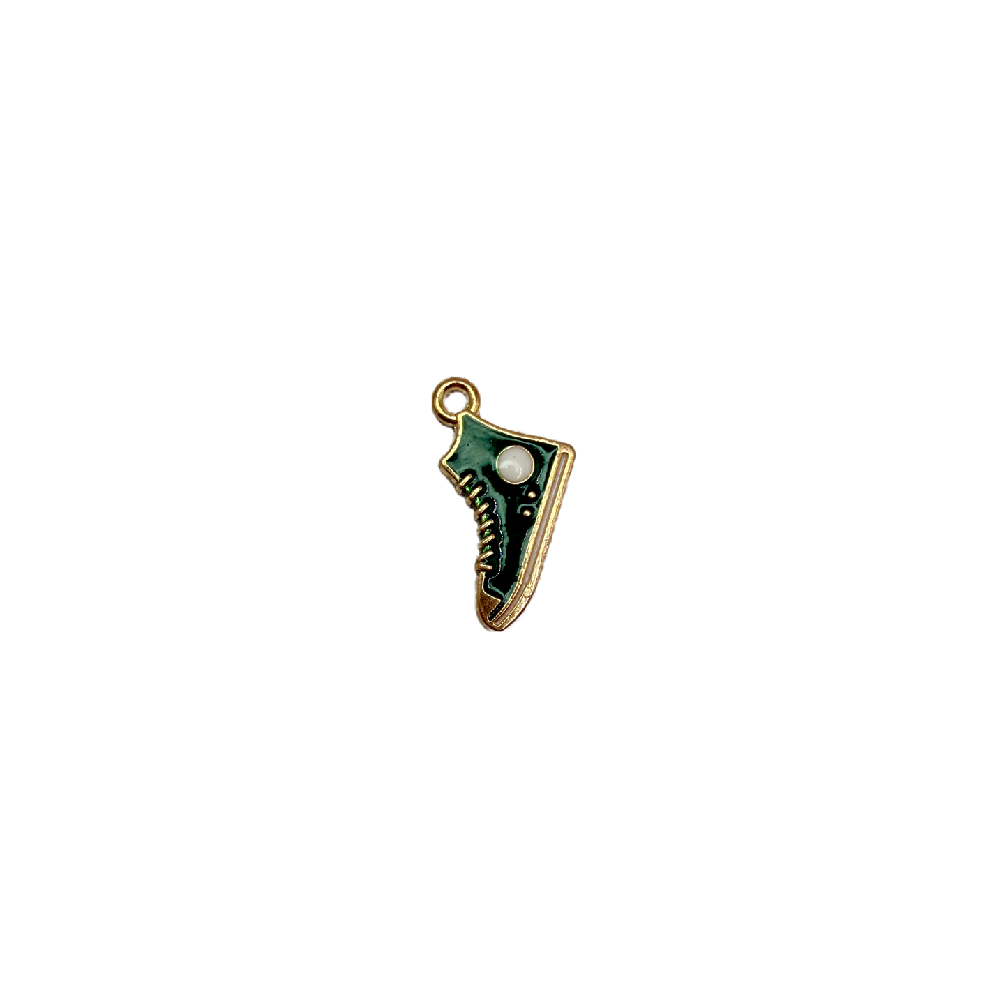 Green enamel sneaker with gold outline and white details