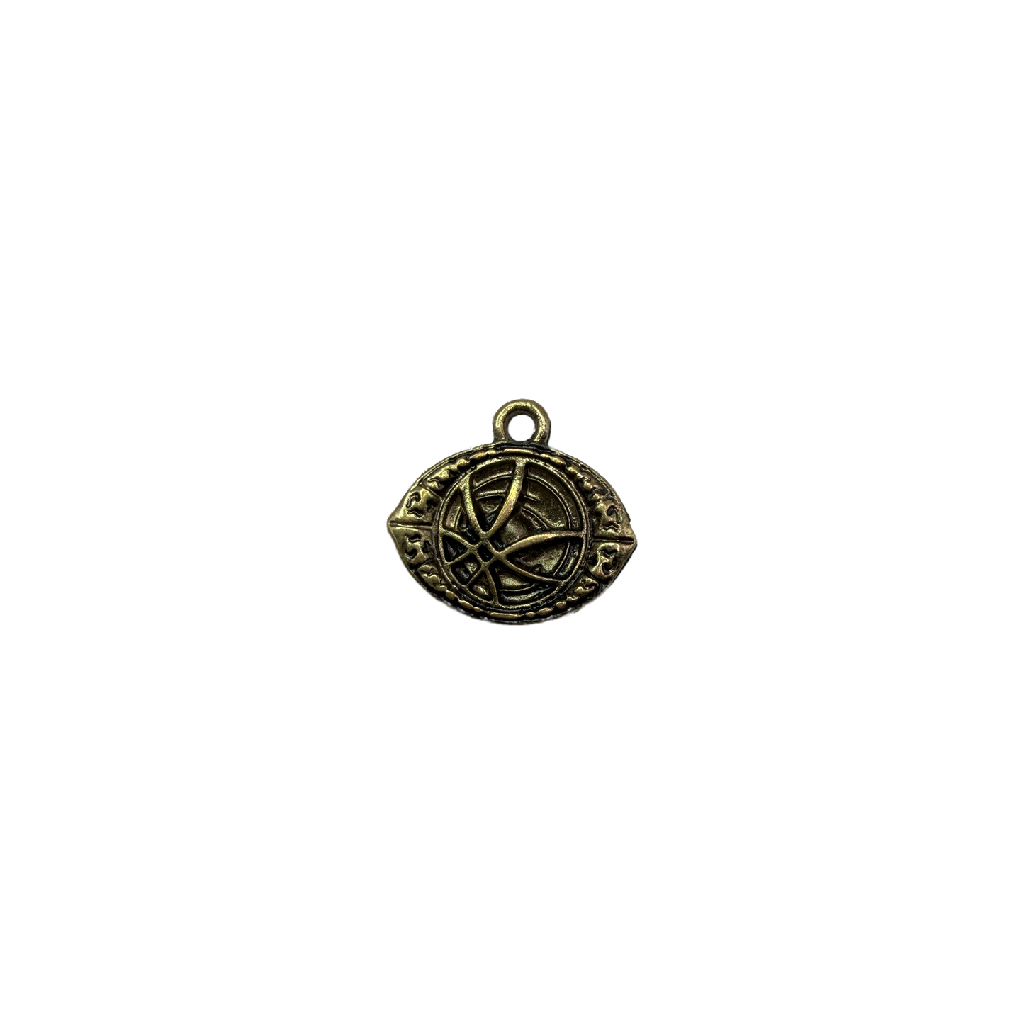 Antiqued gold pentagram medallion with engraved border