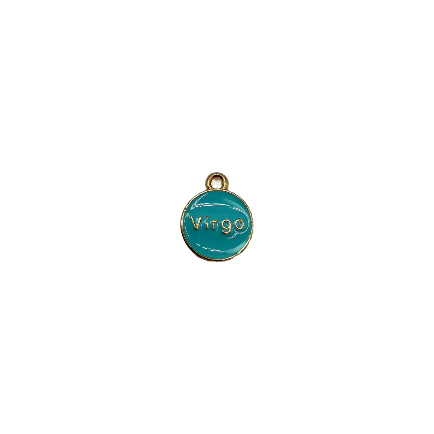 Teal zodiac disc with gold Virgo lettering
