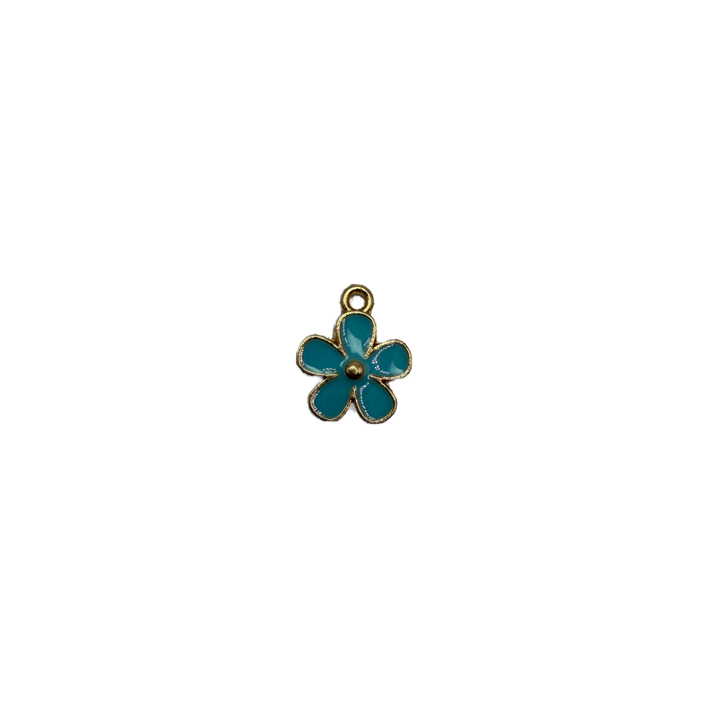 Teal five-petal flower with gold outline and center bead