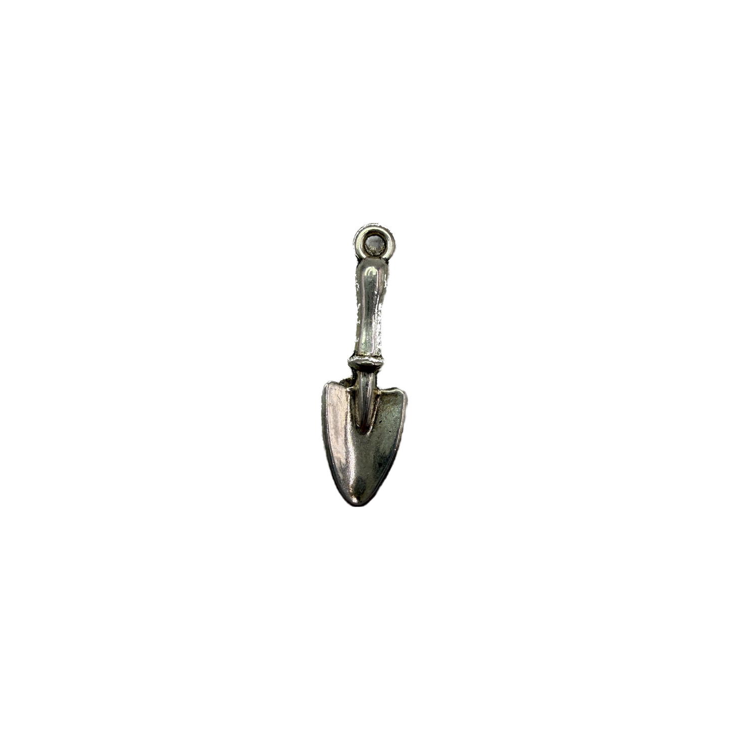 Polished silver garden trowel charm with aged patina