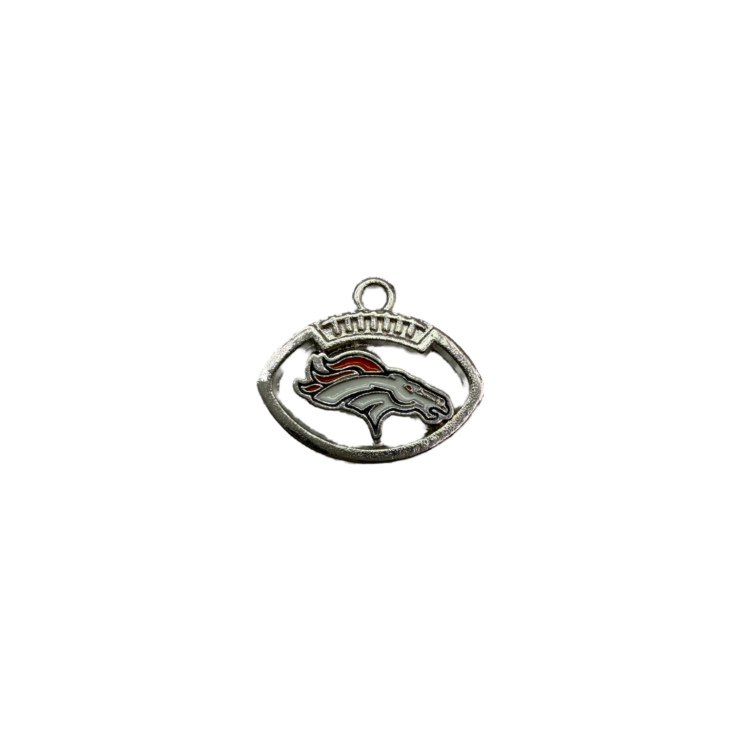 Silver oval horse head emblem with white enamel and orange mane