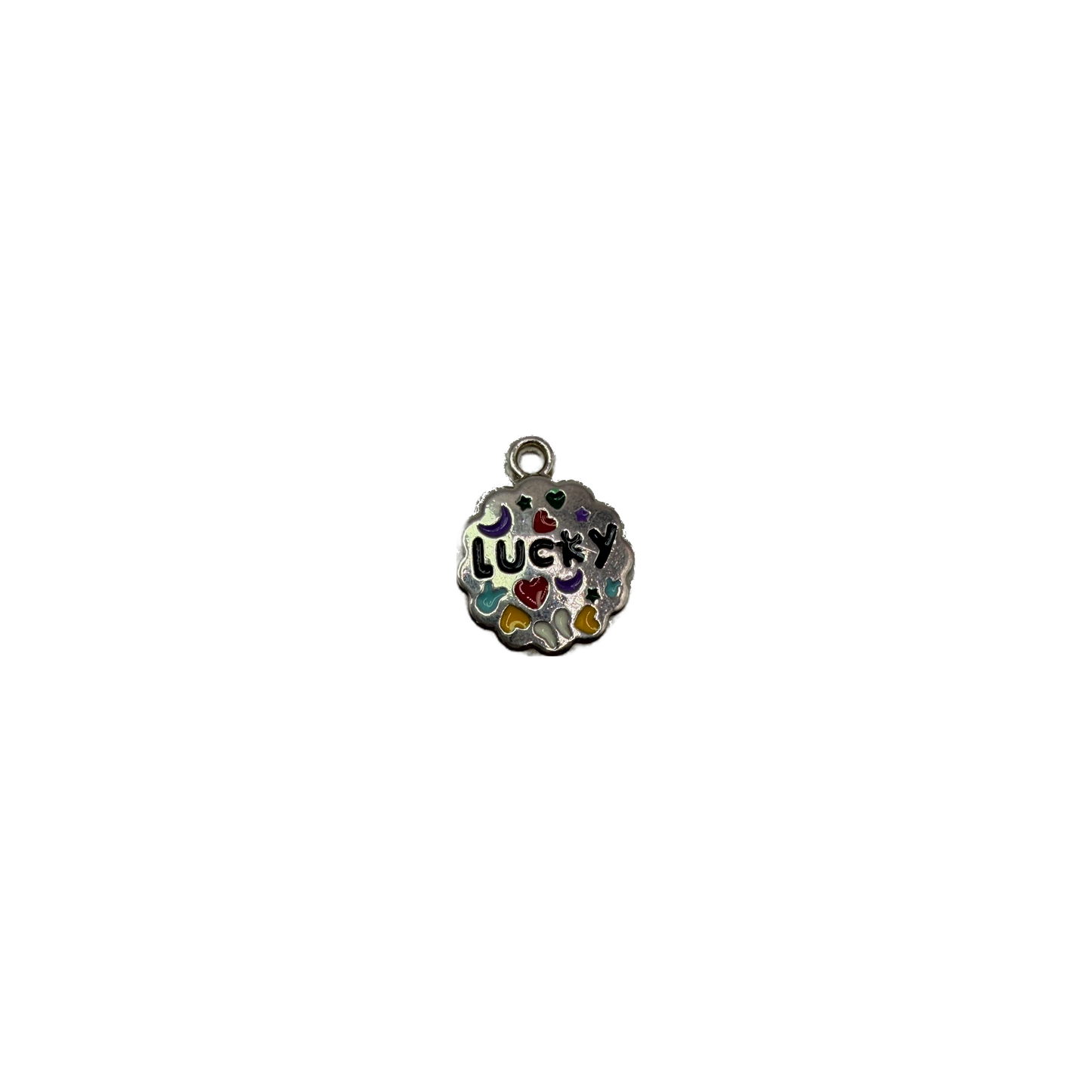Scalloped silver-tone coin with "LUCKY" lettering and colorful enamel icons