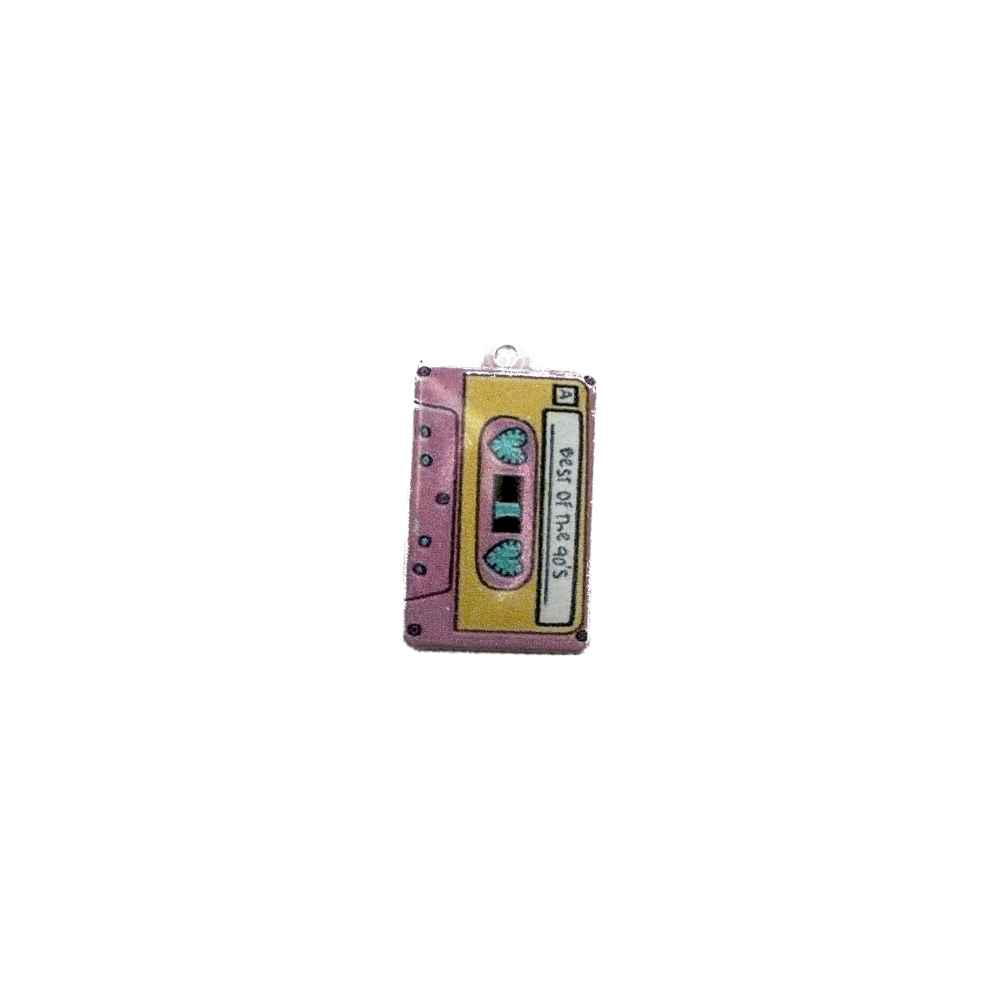 Pastel cassette tape enamel charm with teal heart reels