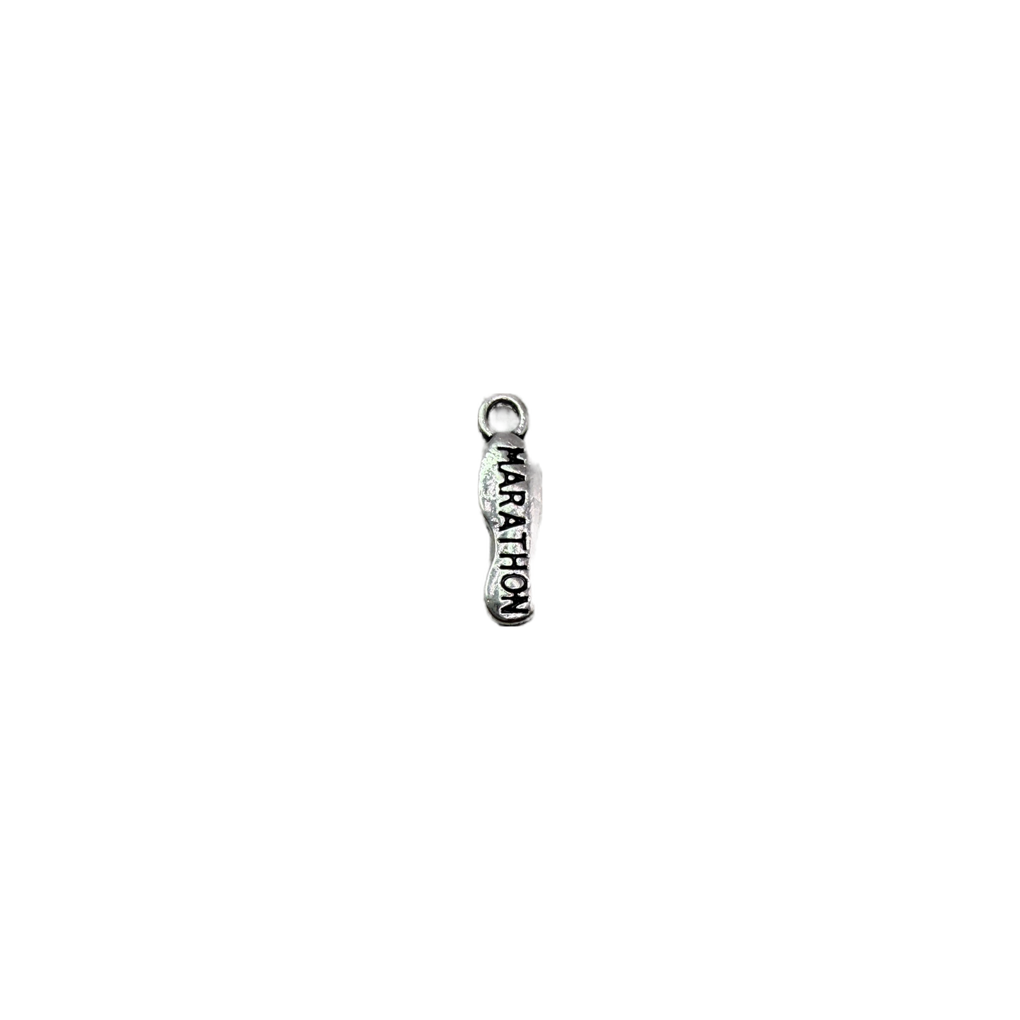 Silver tag with darkened “MARATHON” lettering