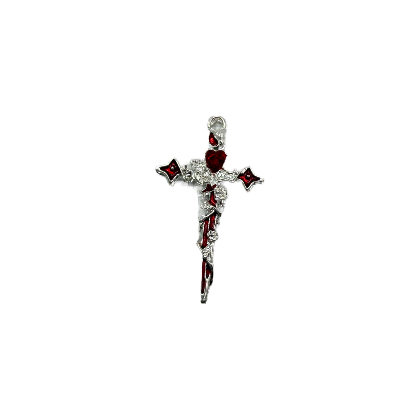 Silver ornate cross with crimson inlay and rose details