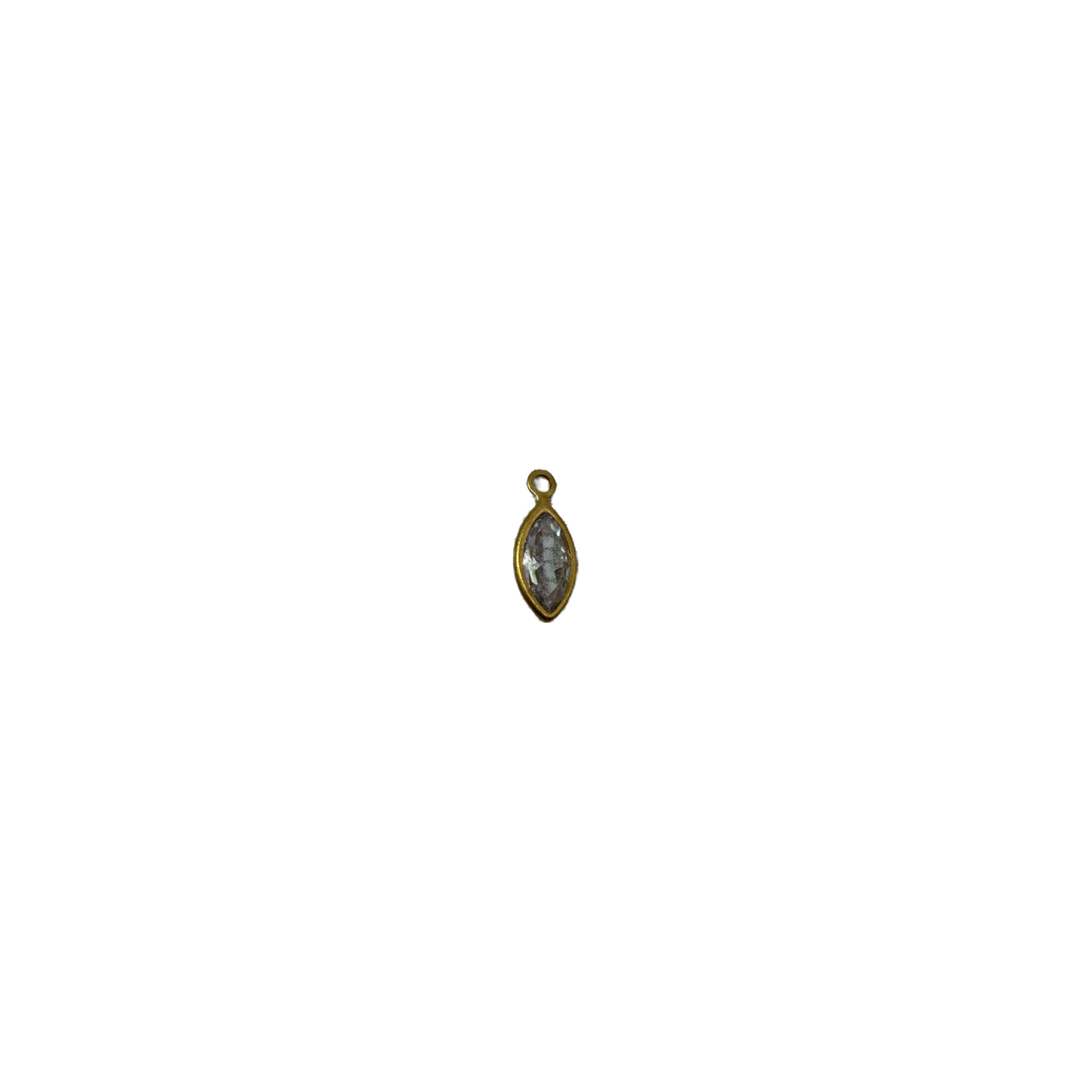 Gold-framed faceted clear marquise gem, elongated navette shape