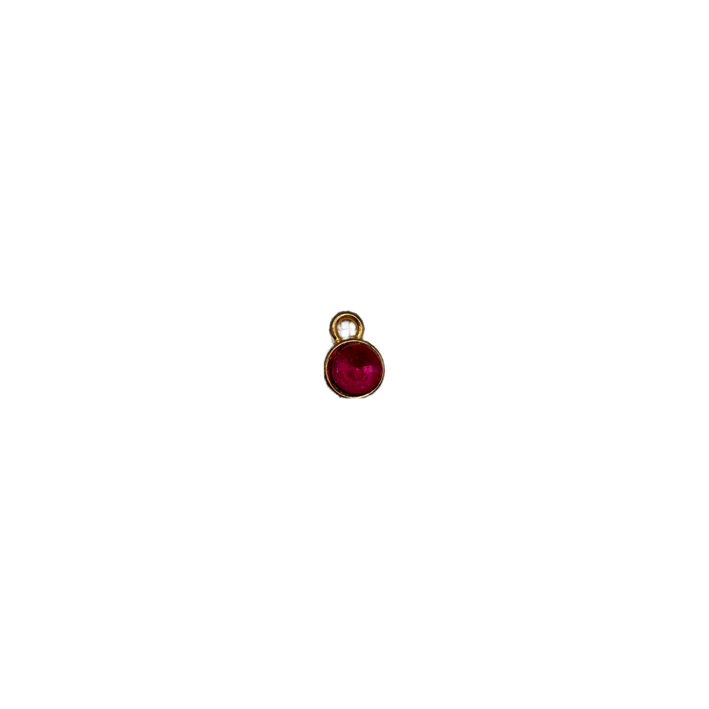 Gold round charm with faceted raspberry pink gem