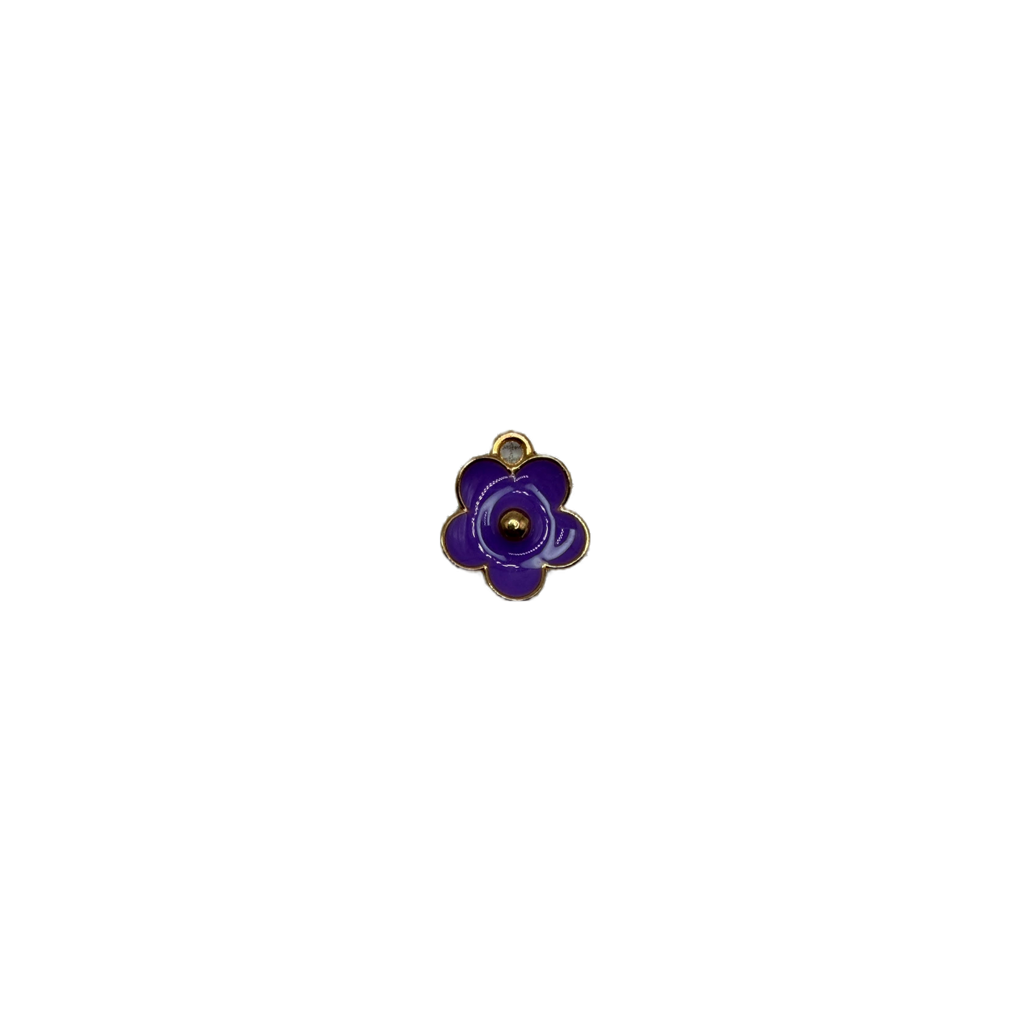Purple enamel flower with gold outline and clear gem