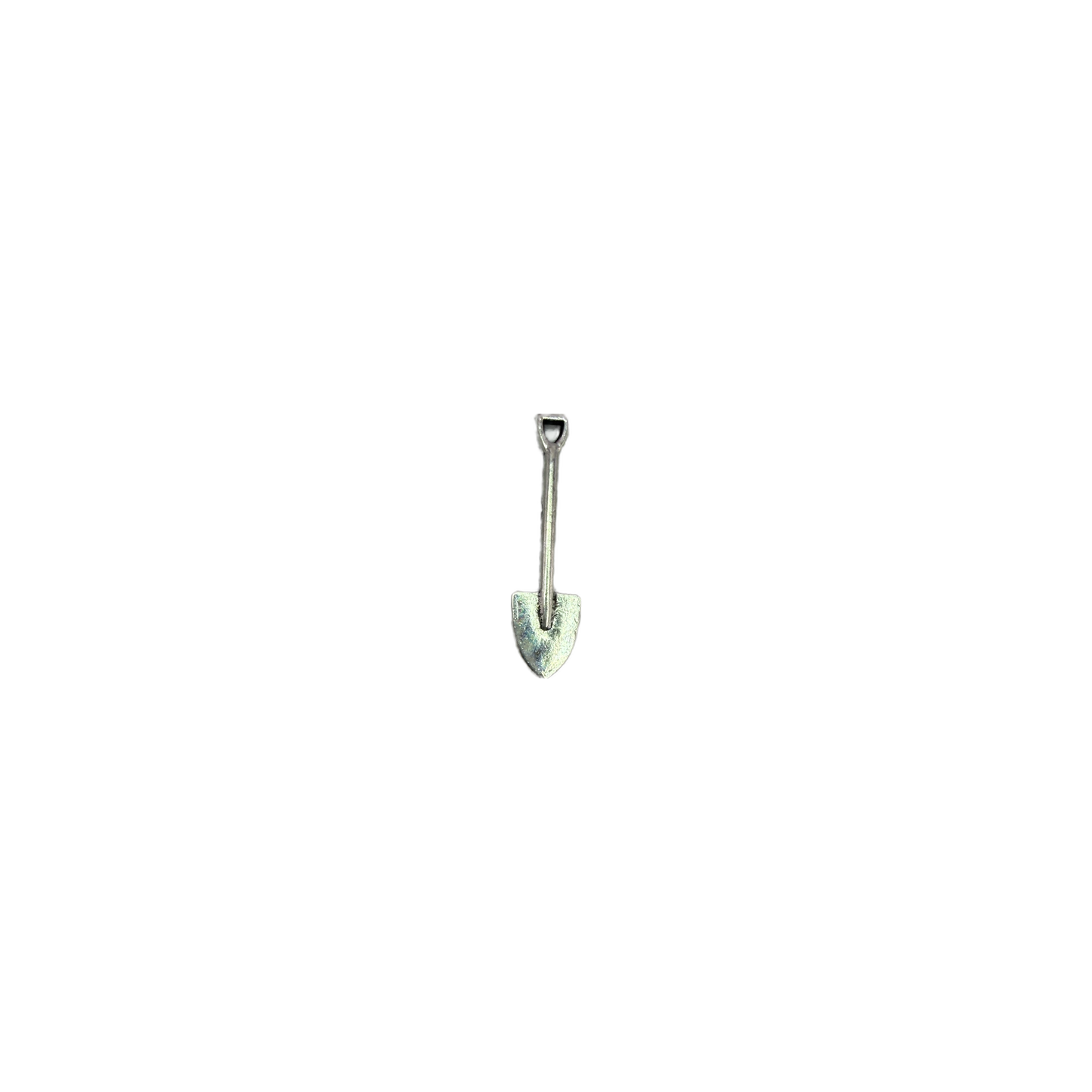 Silver-toned mini shovel pendant on black