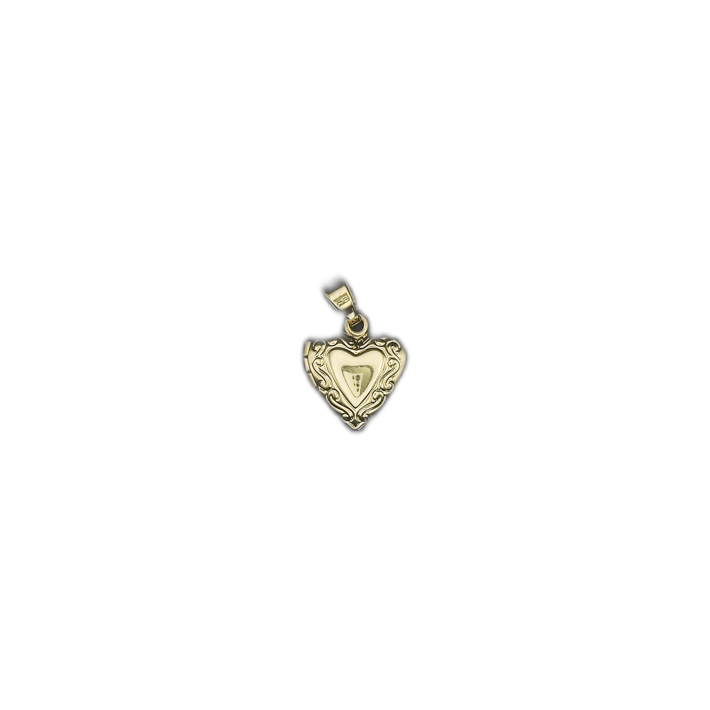 small gold-tone heart locket charm centered on a black background