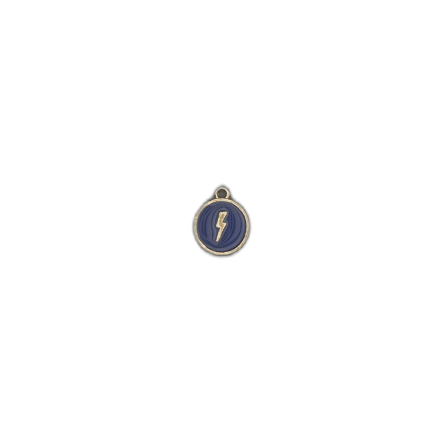 small round blue lightning bolt charm centered on a black background