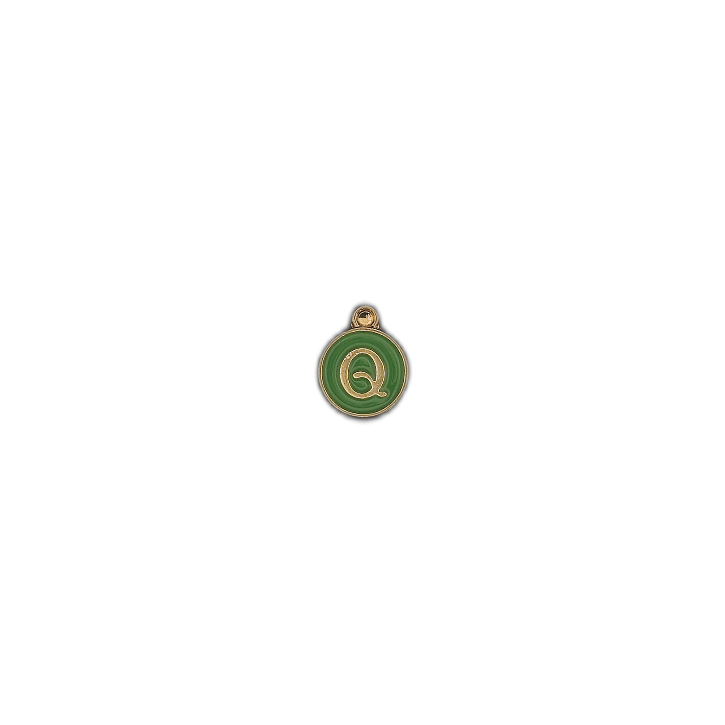 small round green letter Q charm on black background