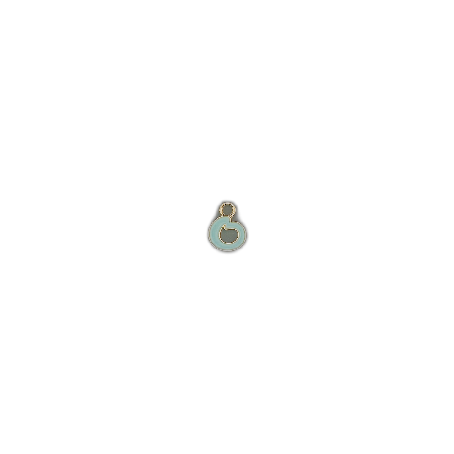 Small light blue enamel lowercase g charm centered on a black background.
