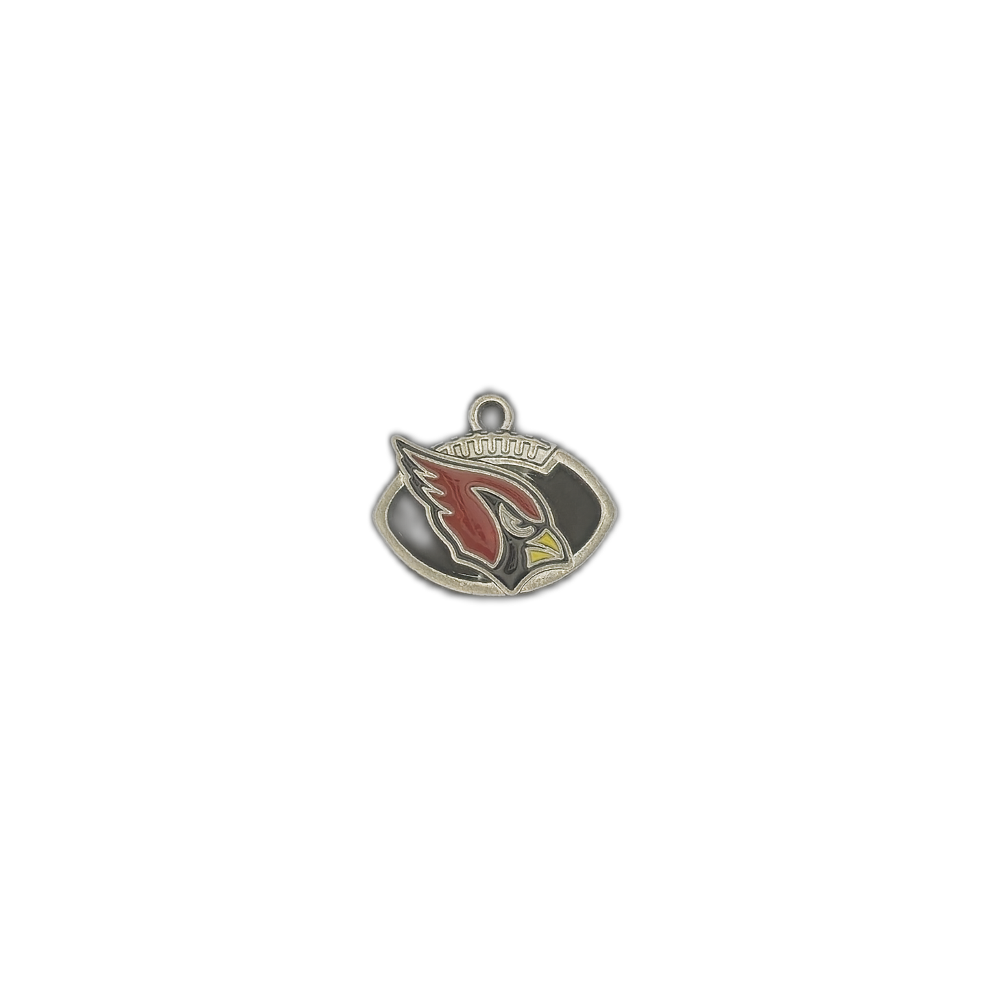 small football-shaped charm with red cardinal head on black enamel background