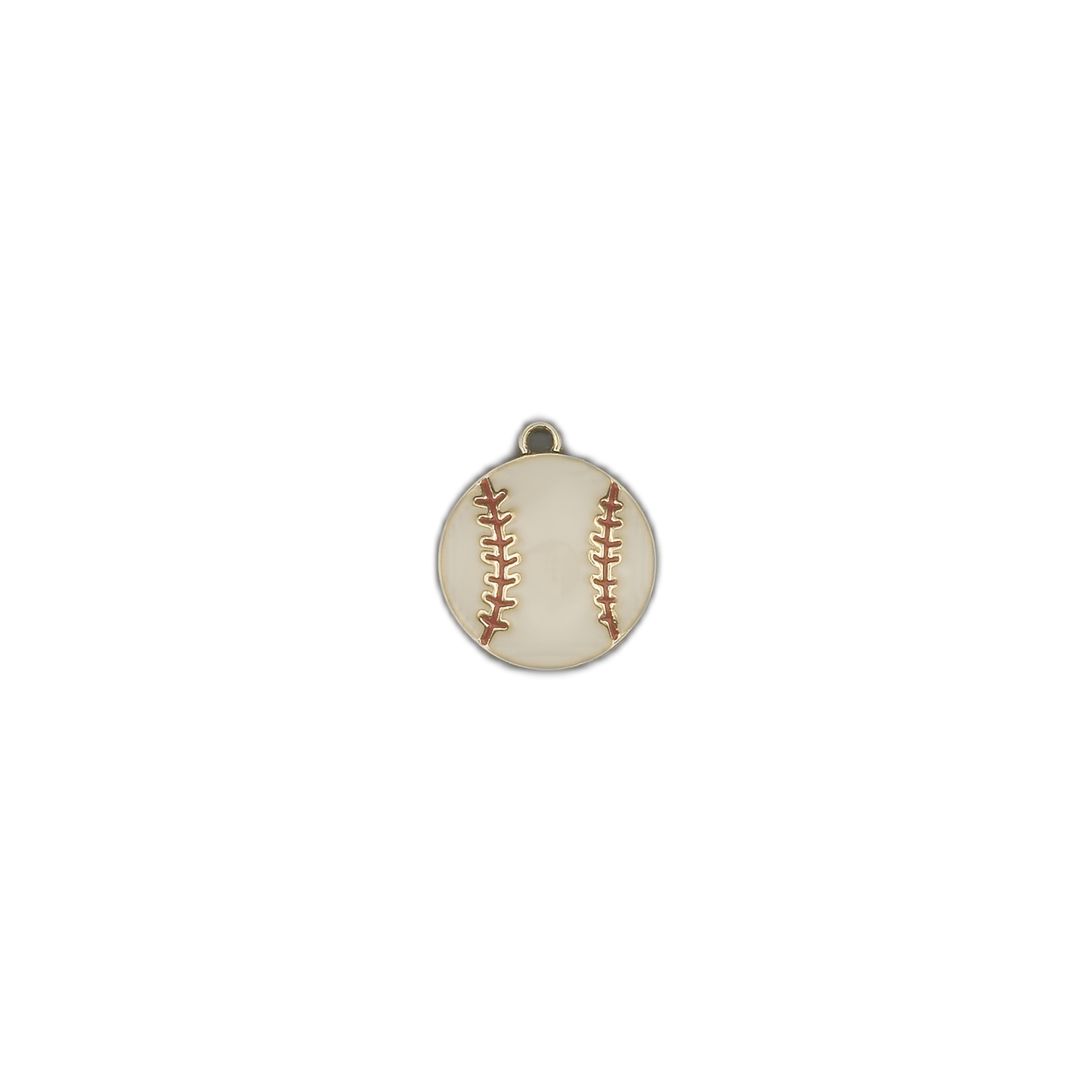 small round white baseball charm with red stitching centered on a black background