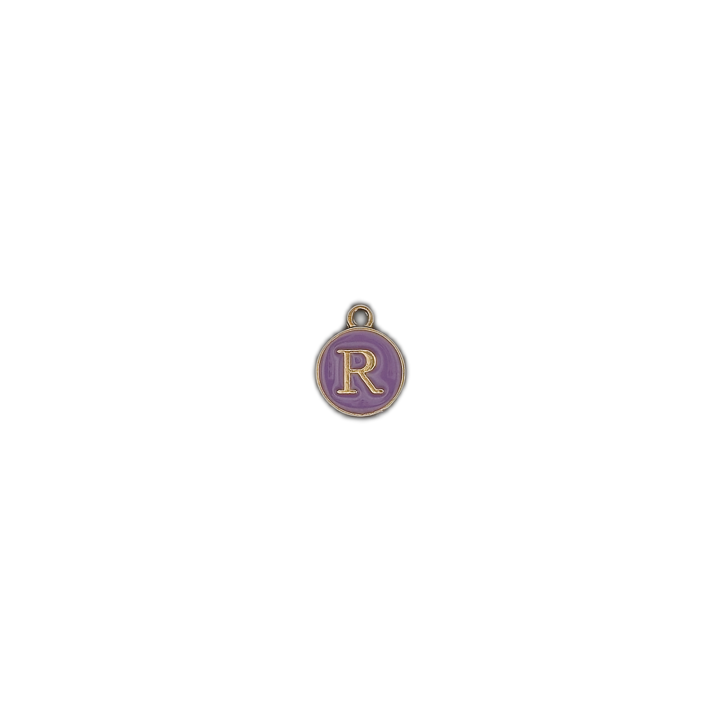 small round purple letter R charm on black background