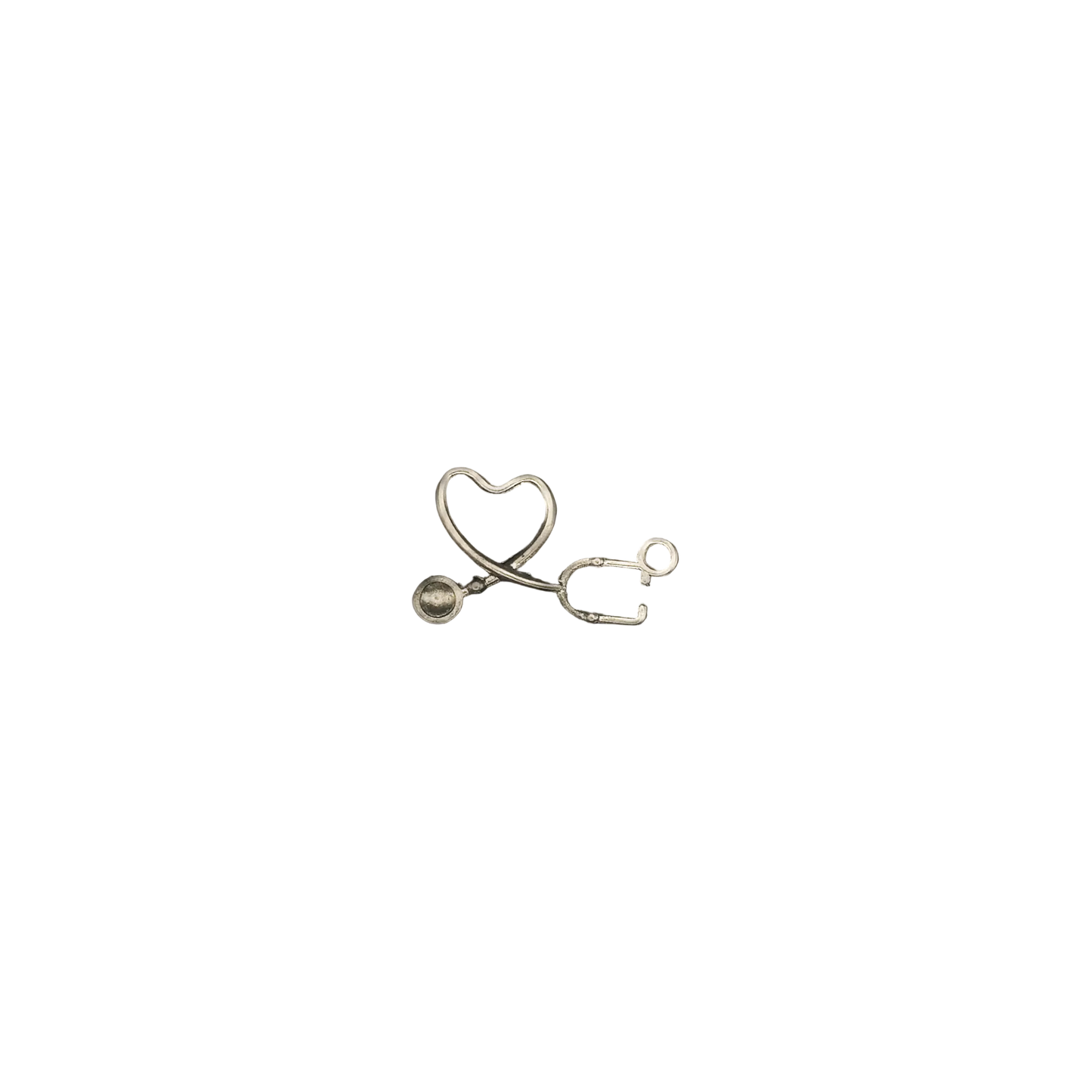 Small silver stethoscope heart charm centered on a black background.