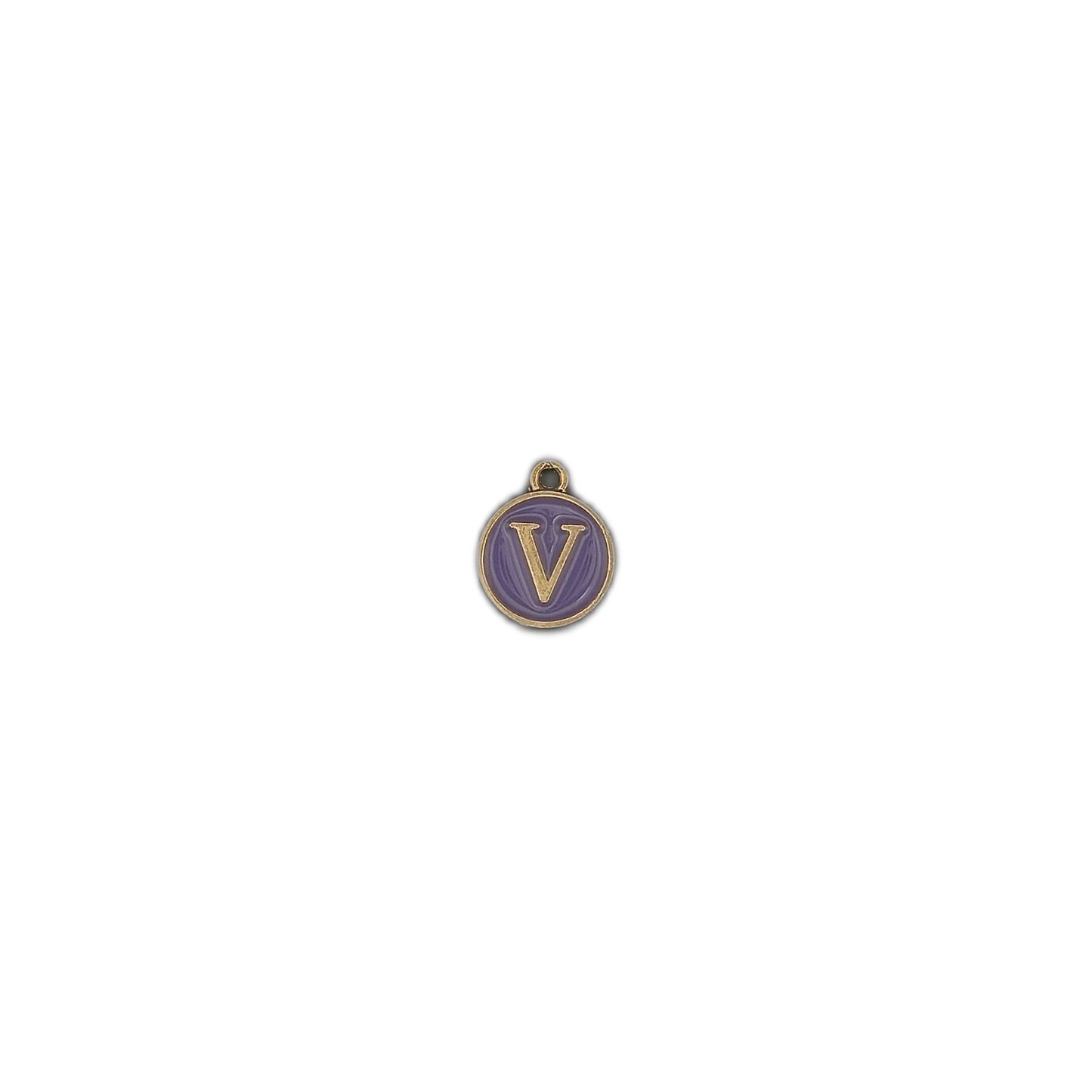small round purple charm with a gold V on black background