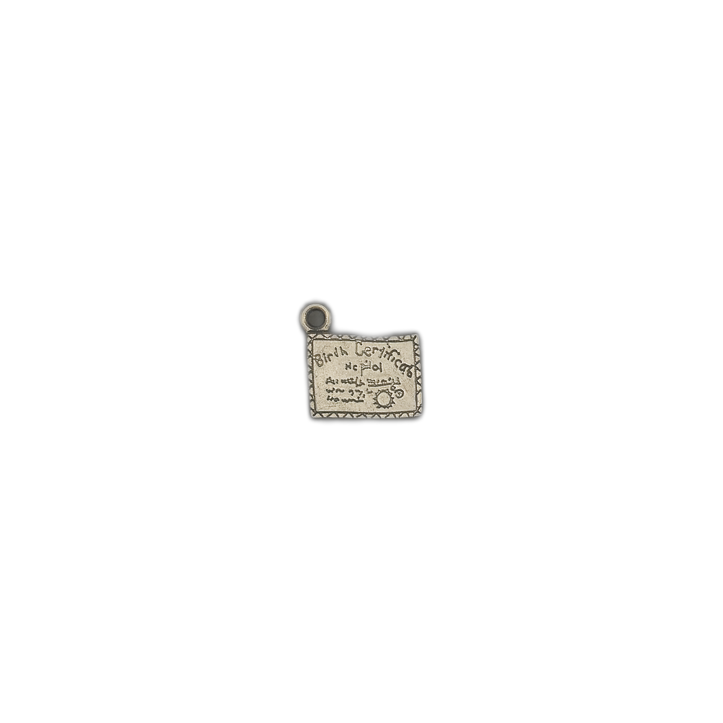 Small birth certificate rectangle charm centered on a black background.