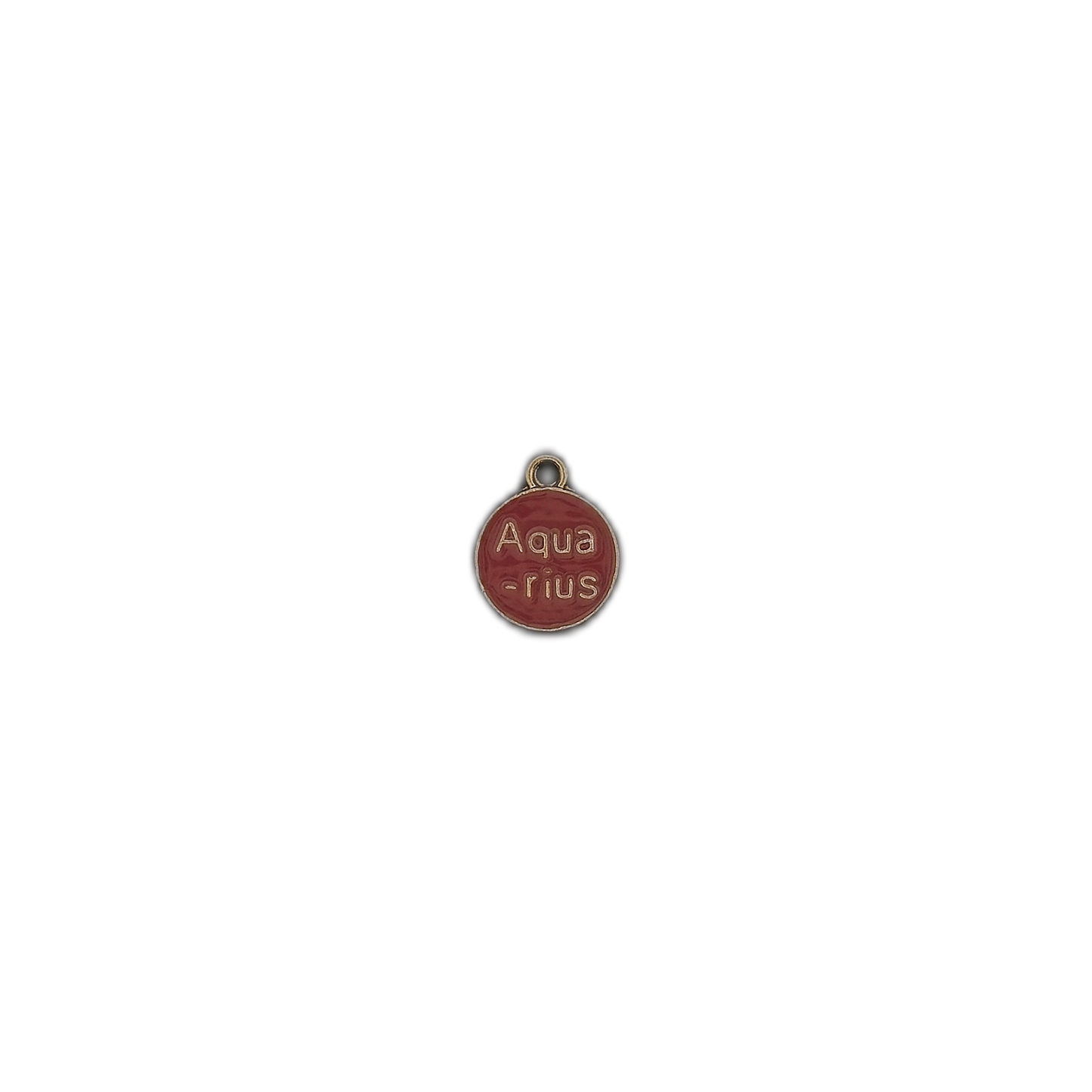 small round red Aquarius enamel charm on a black background.