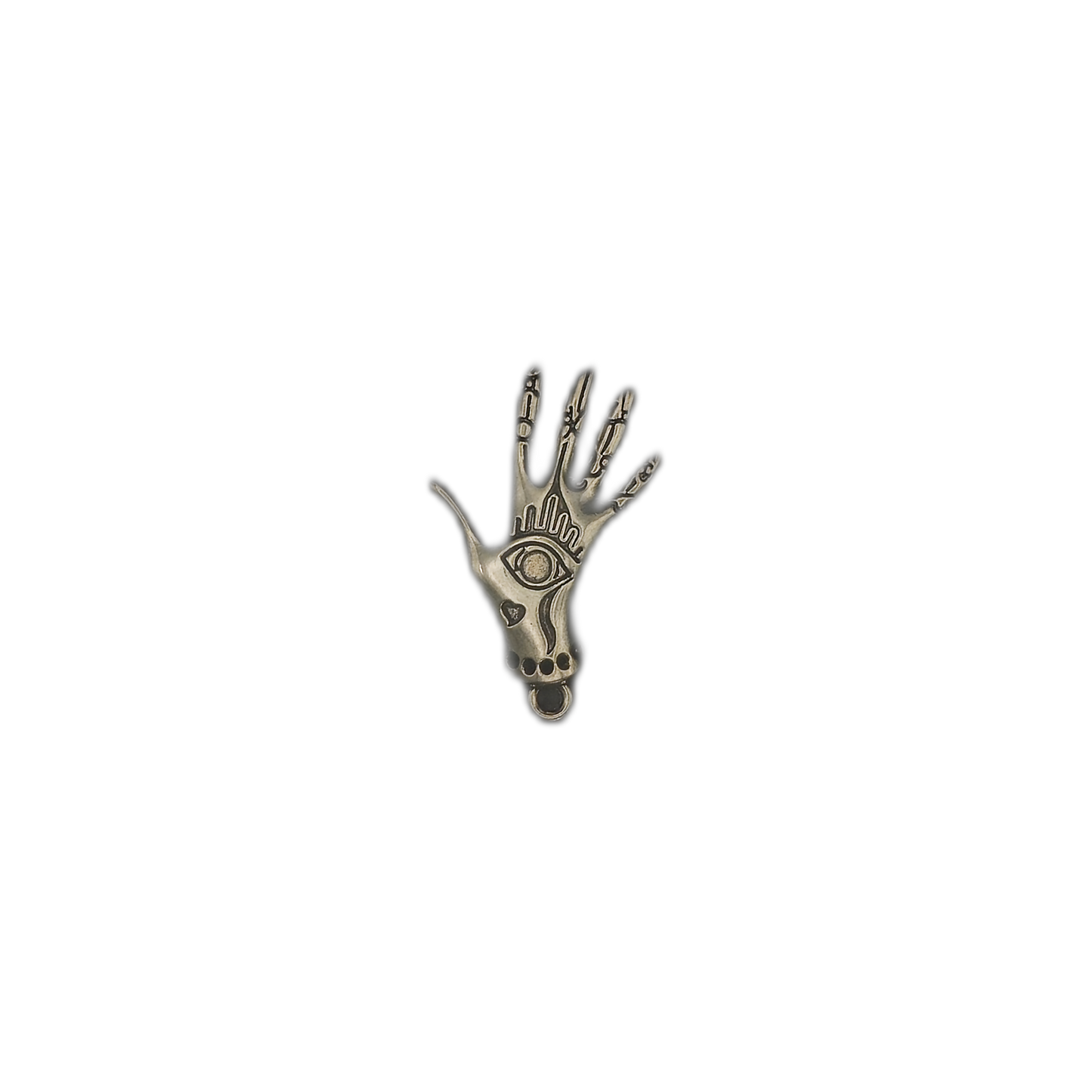 small gold-tone hand with eye charm centered on black background