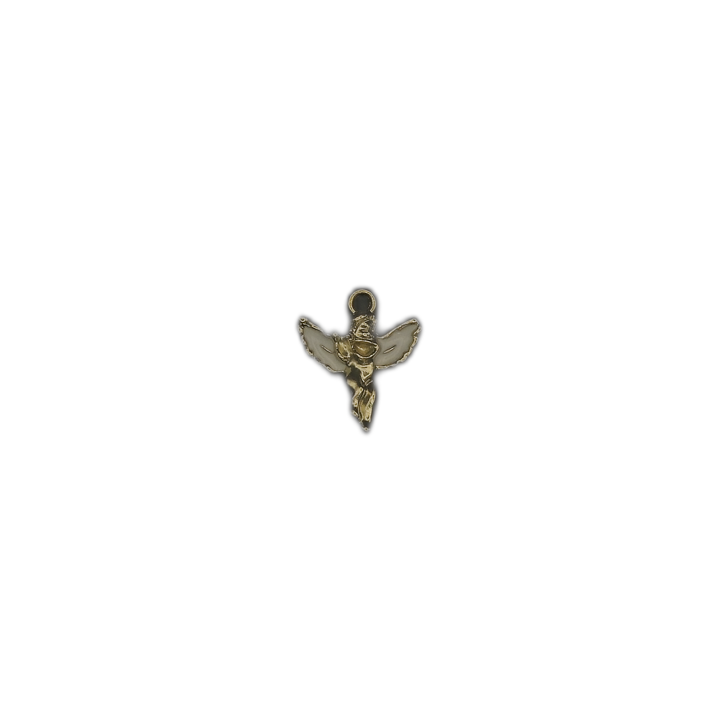 gold angel charm with white enamel wings centered on black background