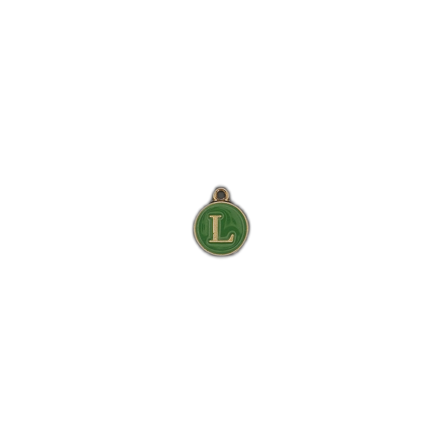 small green initial L circular charm on black background