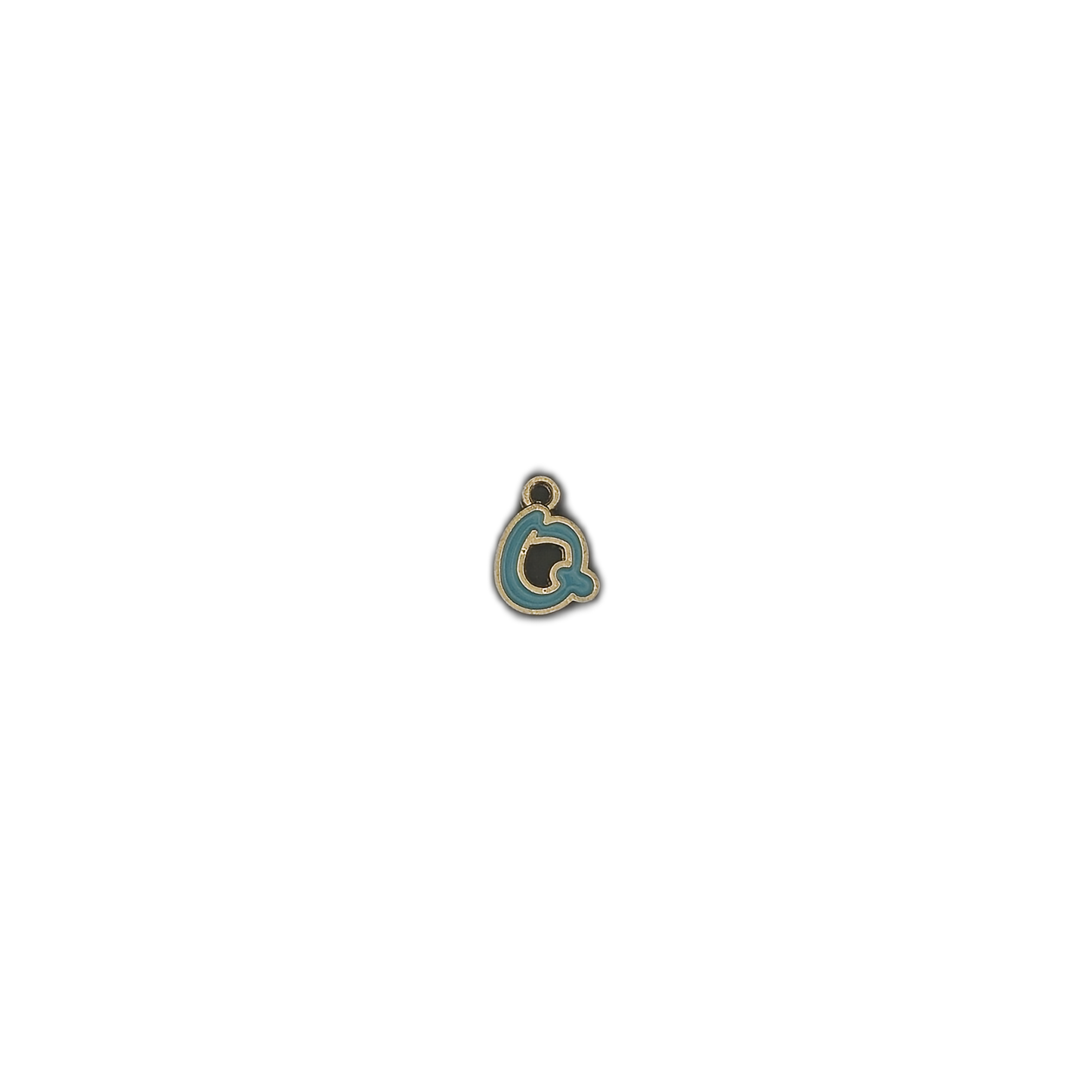 small turquoise enamel lowercase letter a charm with gold outline centered on black background