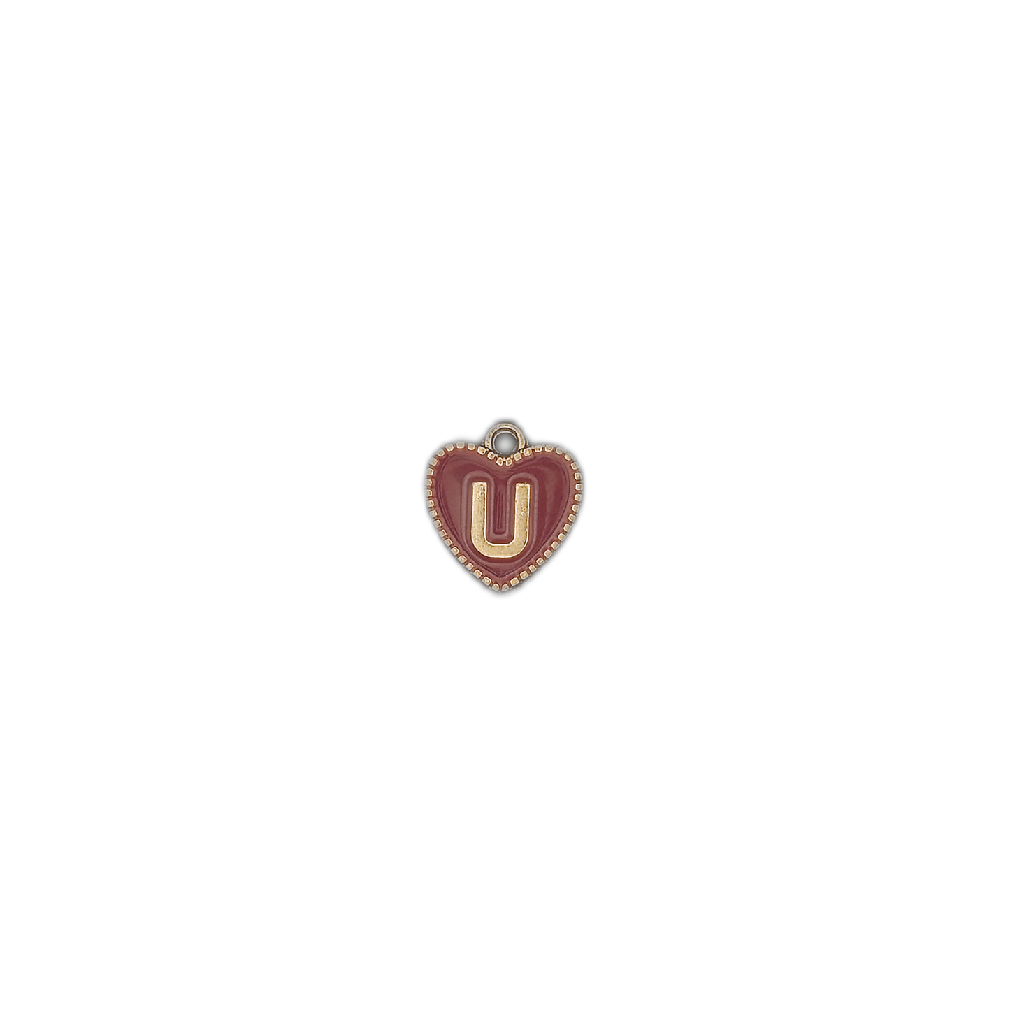 small burgundy heart charm with gold U on black background