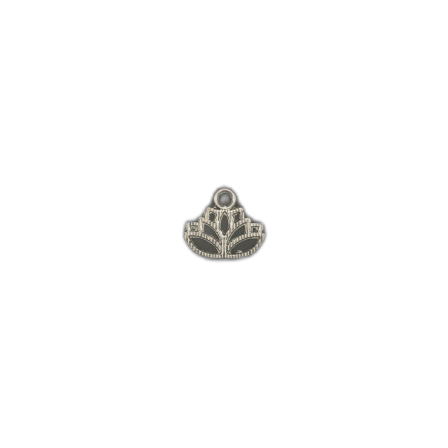 small silver lotus flower charm centered on a black background