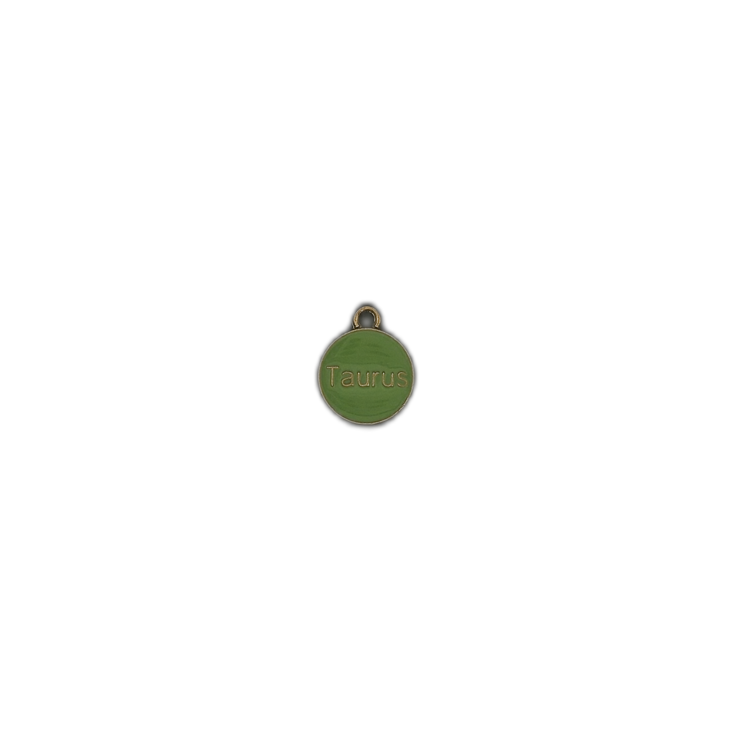 small round green Taurus charm centered on black background
